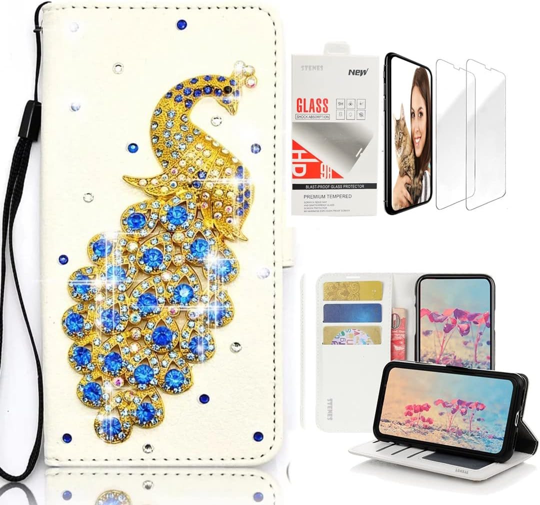STENES Bling Wallet Phone Case Compatible with Samsung Galaxy Note 20 Ultra - Stylish - 3D Handmade Peacock Design Leather Cover with Screen Protector [2 Pack] - Multicolor