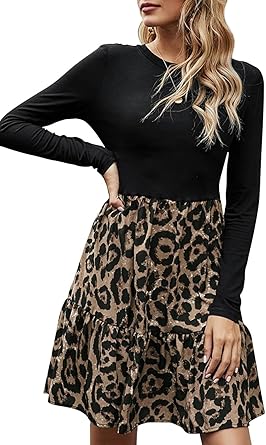 Moyabo Long Sleeve Dress for Women,Scoop Neck Casual Flounce Party Ruffle Dresses with Pockets