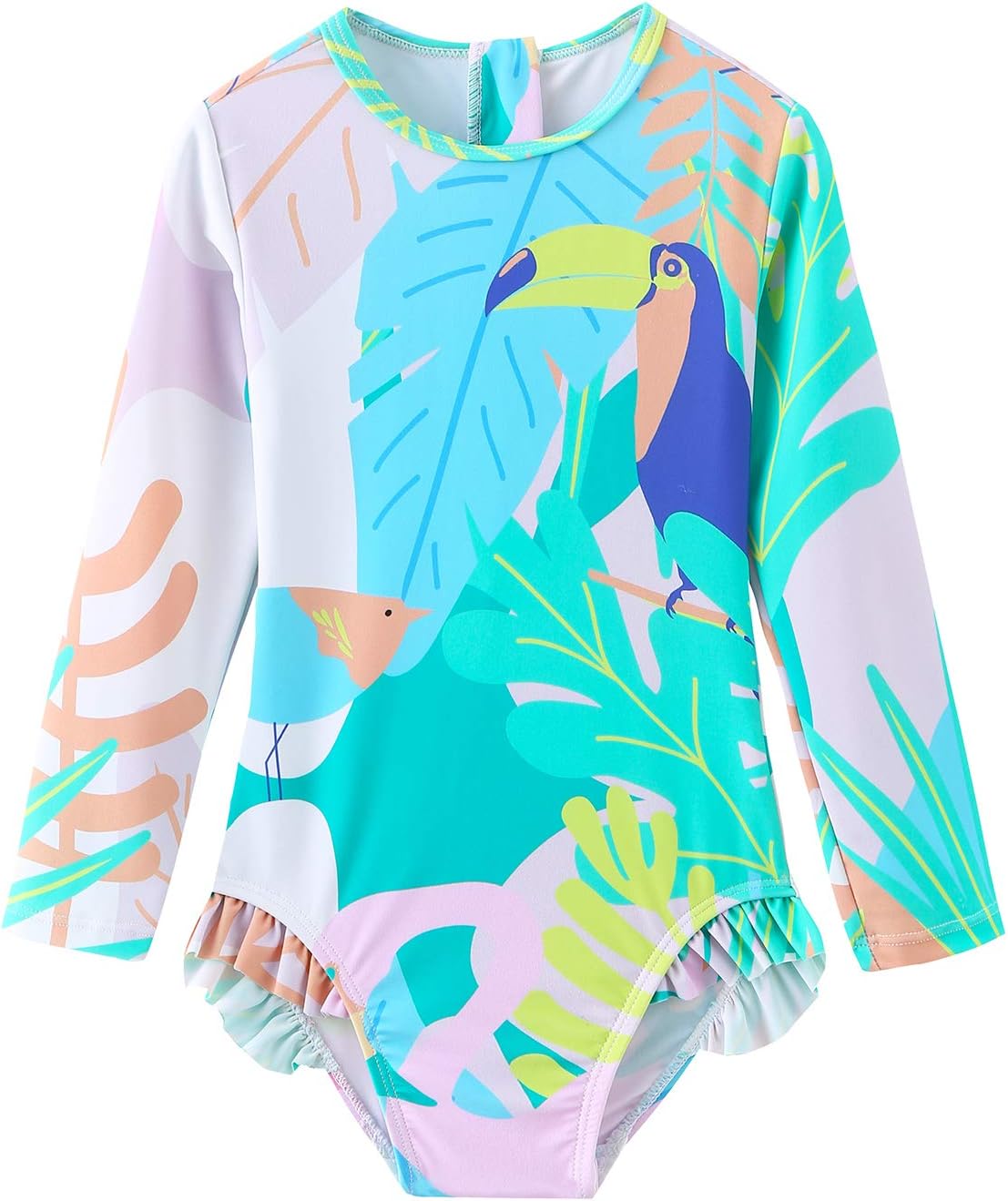 Baby Girls One Piece Swimsuits Long Sleeve Rash Guard Zipper Back Bathing Suit Sun Protection UPF 50+