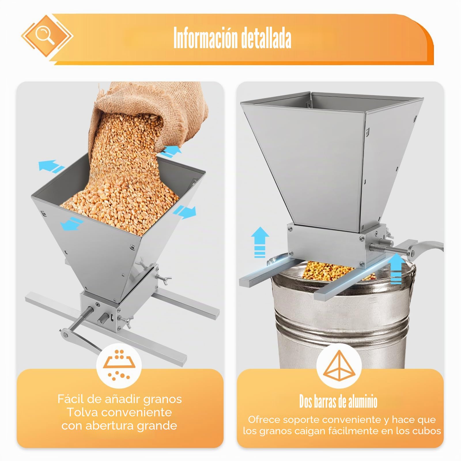 Trituradora de cereales manual 4 l, molinillo de granos, 26 cm, 2 rollos regulables 8 lbs/min, para cebada, trigo y otros granos