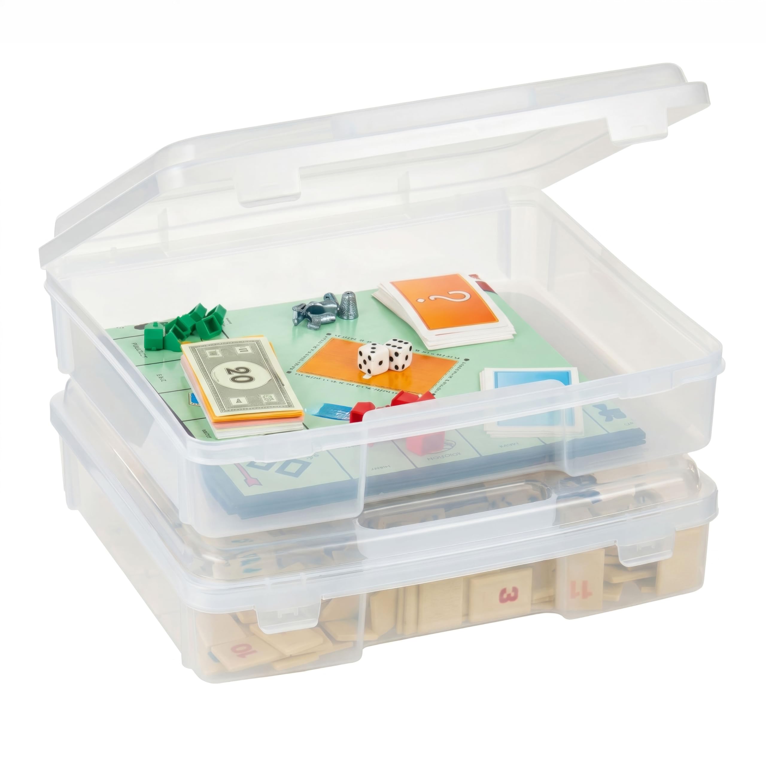 IRIS USA Board Game Storage Craft Organizer Box with Snap-Tight Latch Lid, 2-Pack Portable Plastic Case Bin for Puzzles, Magazines, Hobbies, Art Supplies, Fits 8.5" x 11" & A4 Papers, Thick, Clear