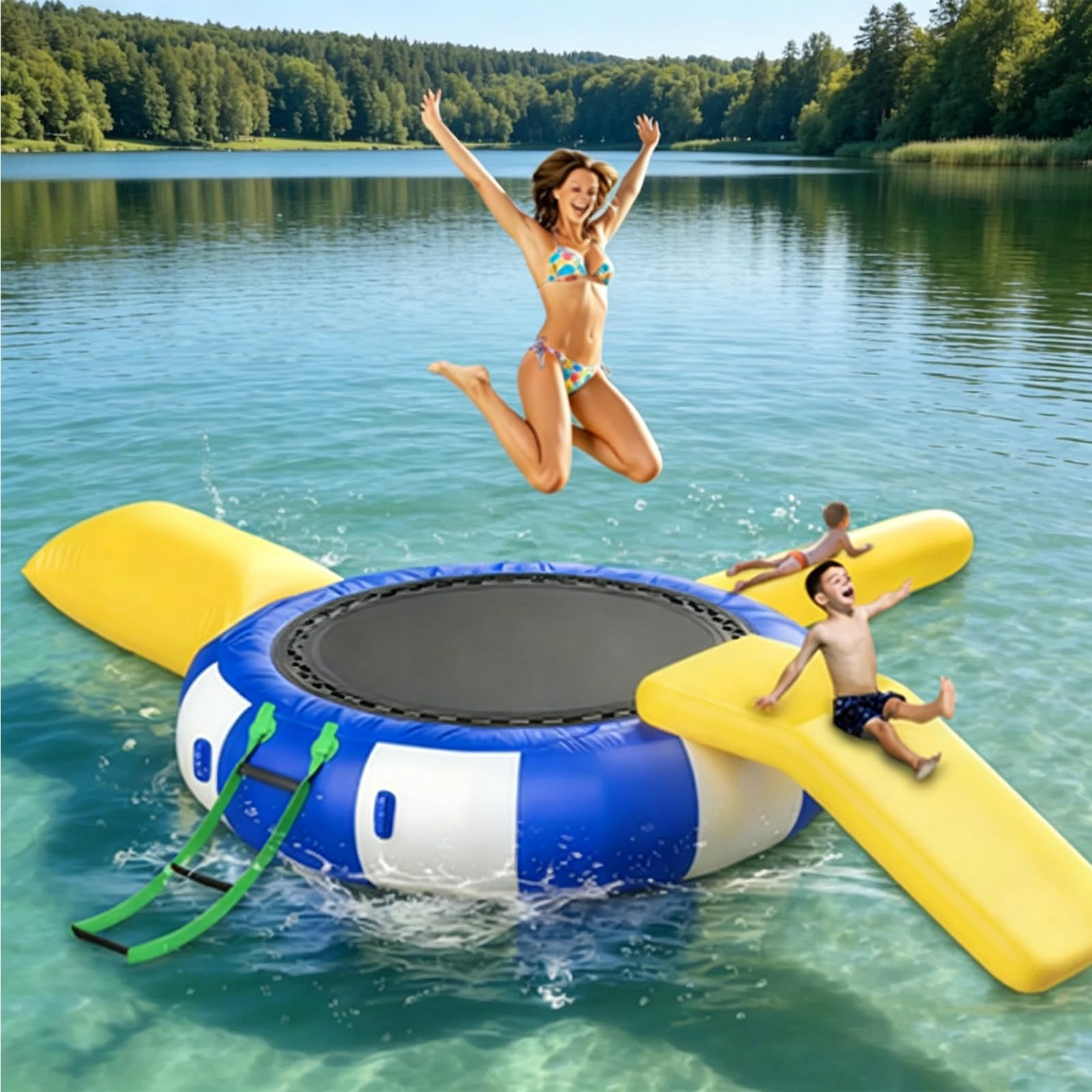 NSACMD ,10FT,10Ft Heavy Duty Inflatable Water Trampoline – Floating Bouncer with Blower & Portable Swim Platform for Lake, Pool, Ocean