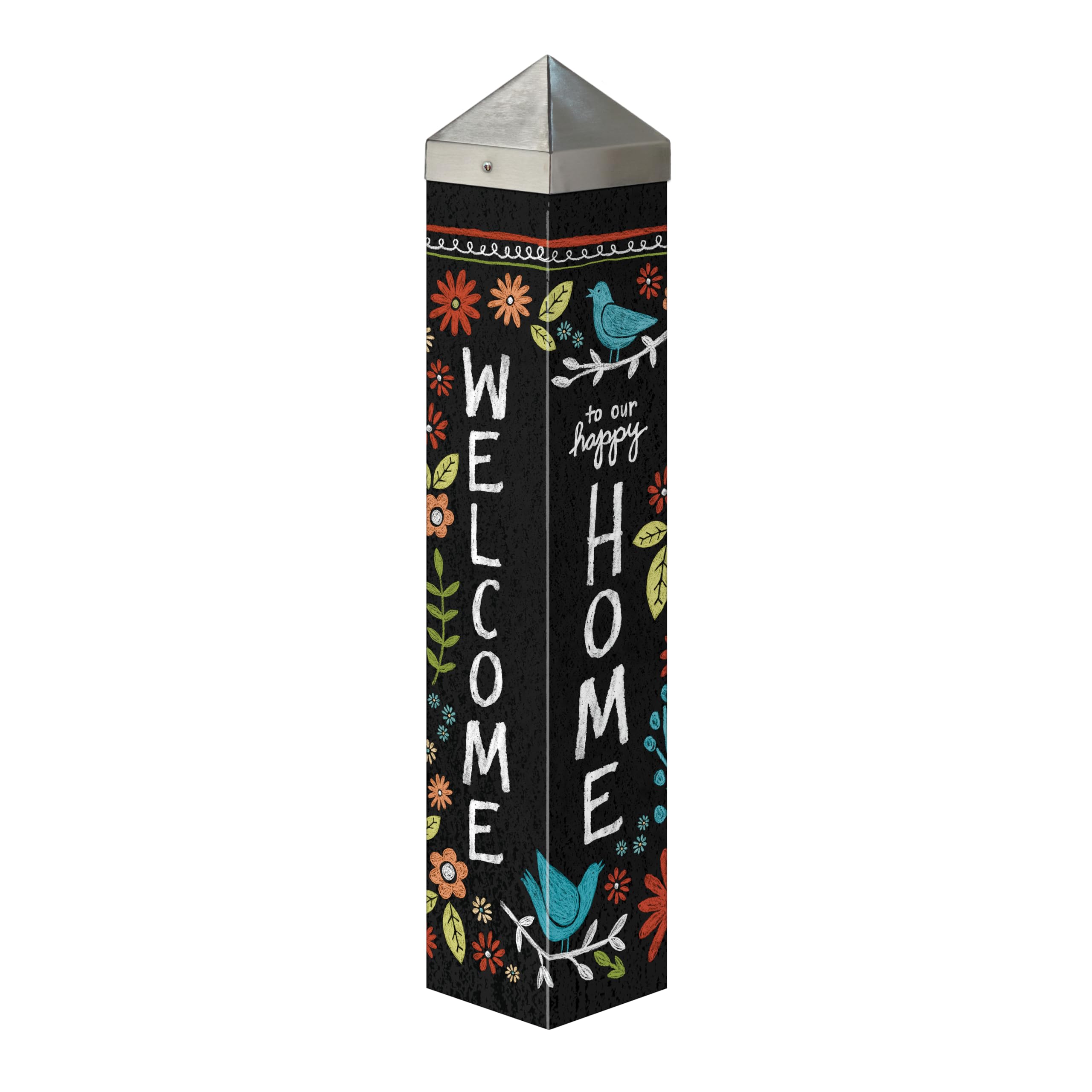 Studio M Garden Art Pole Stake – 20 Inch Outdoor Decorative Yard Accent, PVC with Vinyl Wrap, Chalkboard Welcome to Our Happy Home Floral Bird, Farmhouse Porch and Entryway Décor