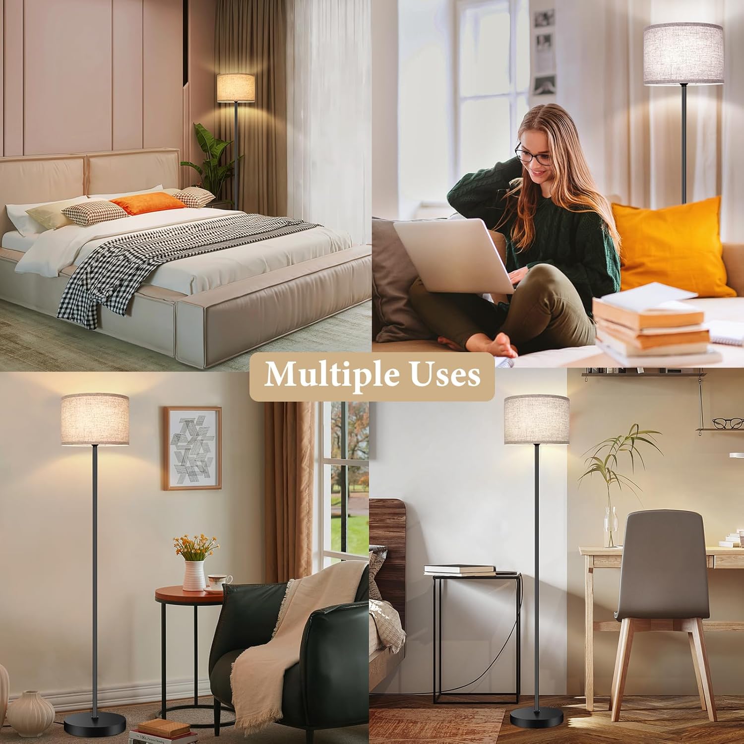 TOBUSA Floor Lamp for Living Room Bedroom with 3CCT LED Bulb, Modern Standing Lamp Drum Shade, 65’’ Tall with Foot Switch Black Pole, Dimmable Simple Design Stand Up Lamp for Home Office Reading