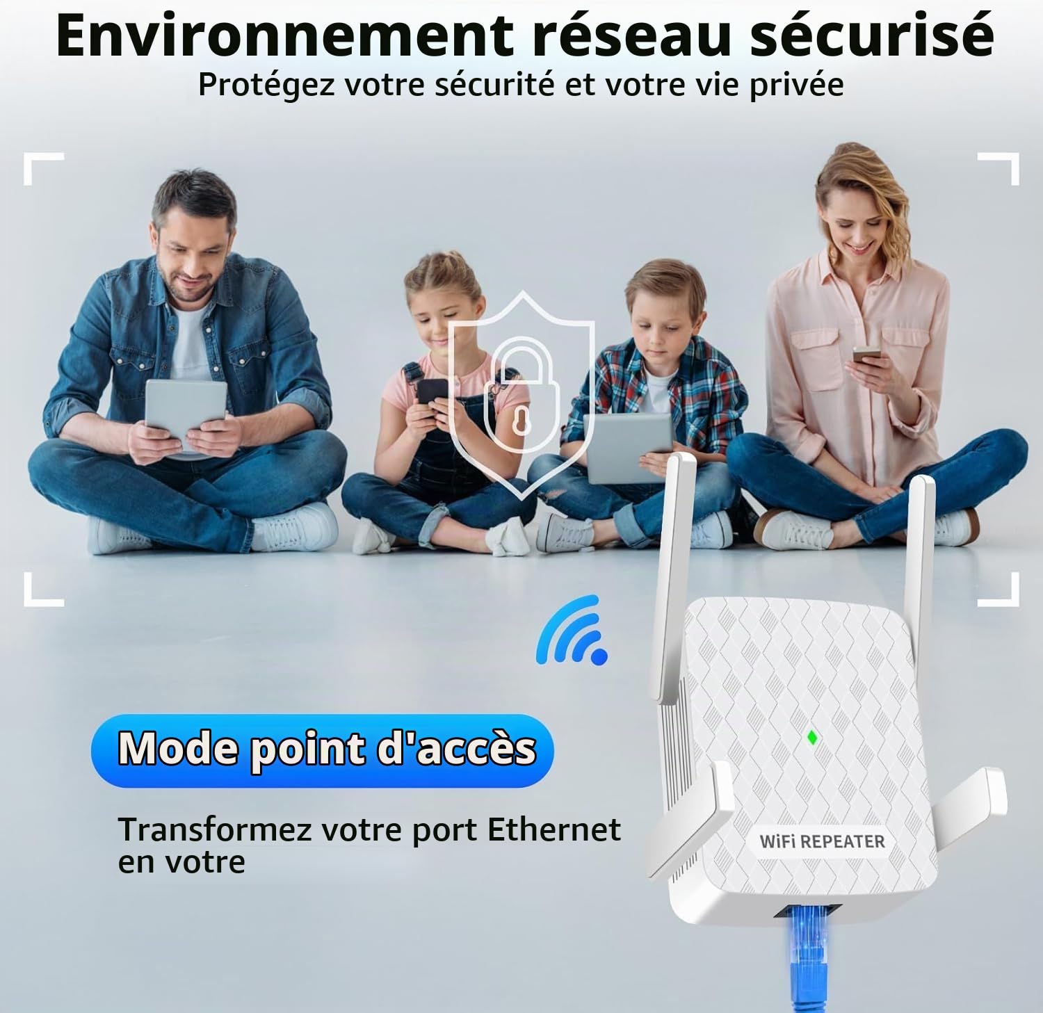 Amplificateur Wi-FI, 1200 Mbit/s répéteur WiFi Double Bande 5 GHz + 2,4 GHz, amplificateur WiFi Couvre jusqu'à 200 m², Booster WiFi avec Port Ethernet, Prise en Charge WPS, Compatible avec Tous Les