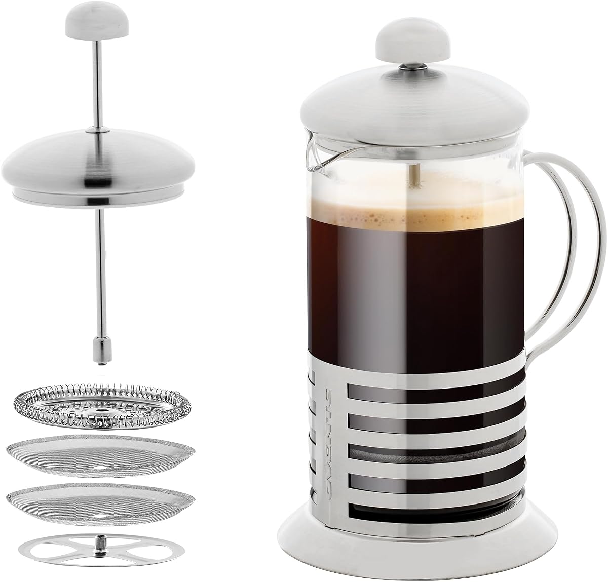 OVENTE French Press Coffee Maker 20oz with 4 Filters System, Silver FSH20S | Durable Stainless Steel Cafetiere, Heat-Resistant Borosilicate Glass, Cold Tea Brewer Pot Plunger for Travel, Camping or Gift