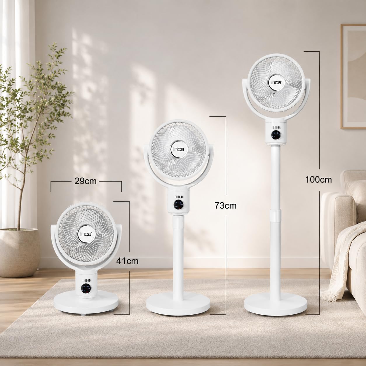İnca IAF-01B Ventilateur sur pied, batterie 9000 mAh, panneau de commande LED, moteur BLDC silencieux, 5 niveaux, oscillation, hauteur réglable, télécommande, ventilateur mobile pour la maison et le