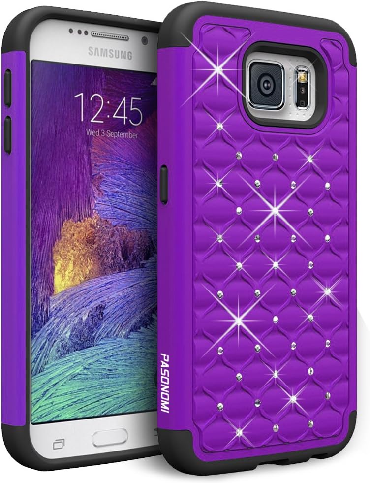 PASONOMI Galaxy S6 Case, Hybrid Stud Rhinestone Bling Armor Defender Case Cover for Samsung Galaxy S6 with Dazzling Diamond (Purple)