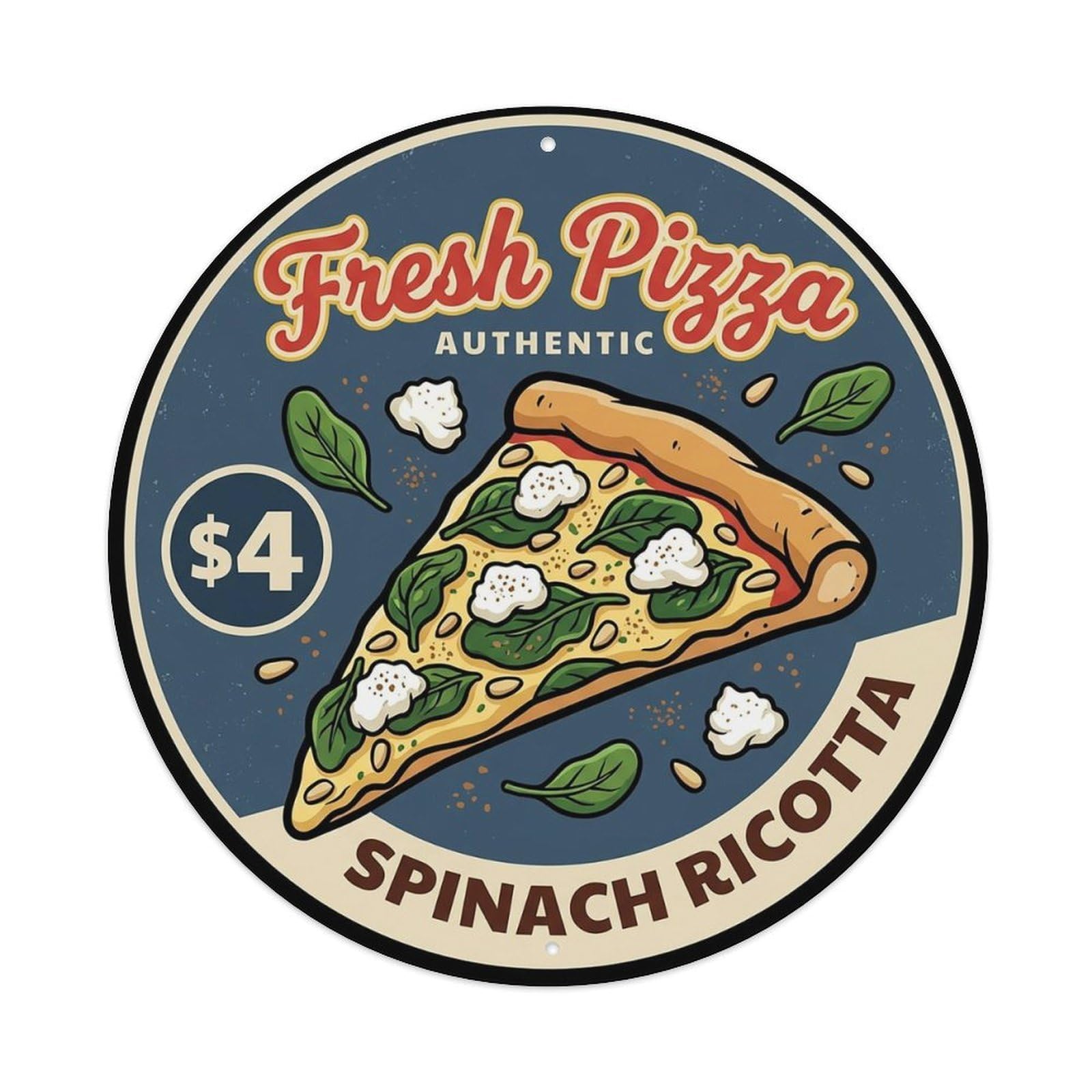 Cwbufd Vintage Style Vintage Pizza Slice Italian Traditional Cuisine Spinach Vintage Metal Tin Sign Plaque Wall Decor For Cafe, Club Bar, Office, Garden Metal Poster 8X8inch