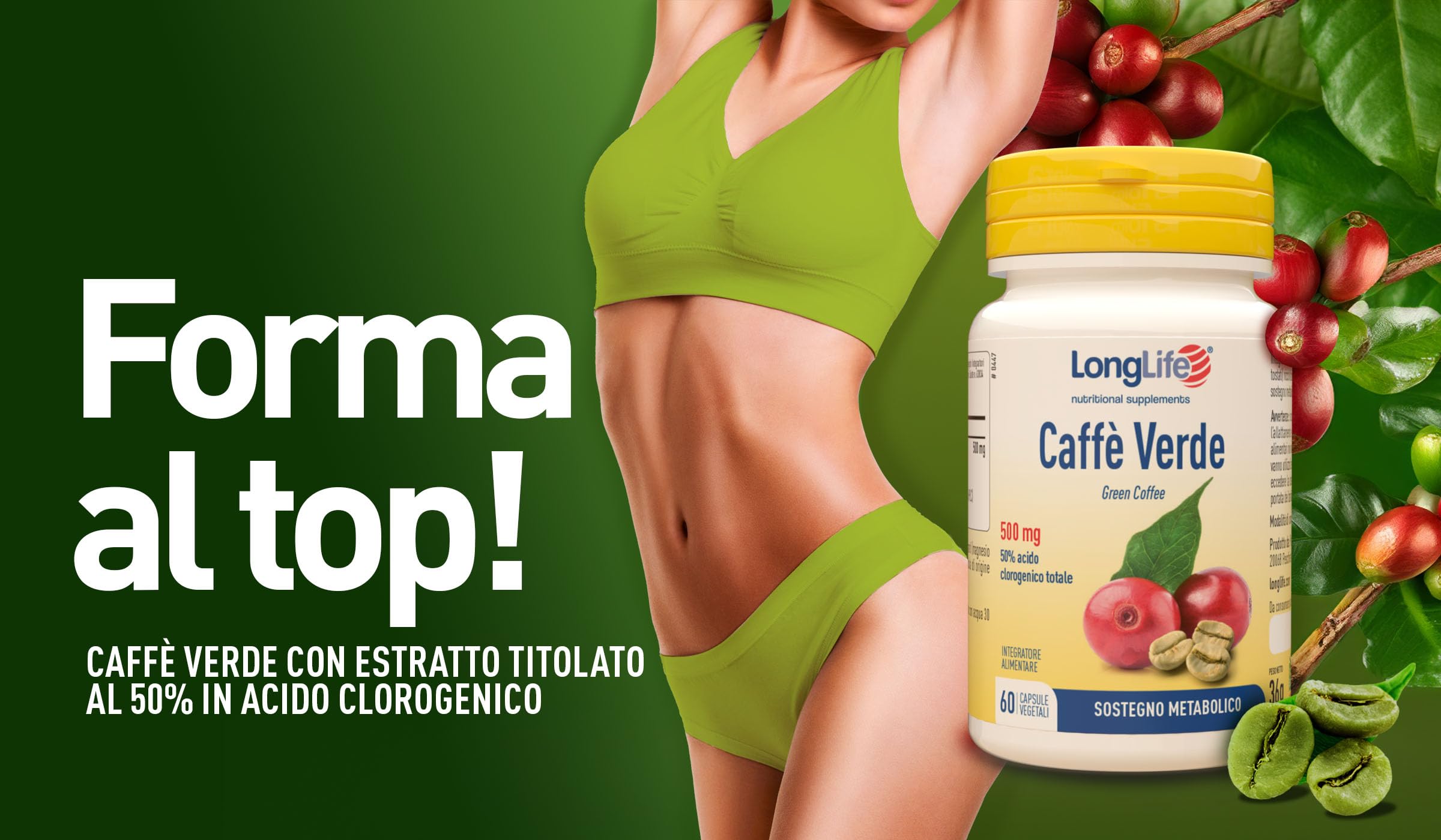 LongLife® Caffè Verde | Estratto titolato al 50% in Acido Clorogenico | Sostegno metabolico | Azione tonica e antiossidante | Fino a 2 mesi di trattamento | Vegano e Senza glutine
