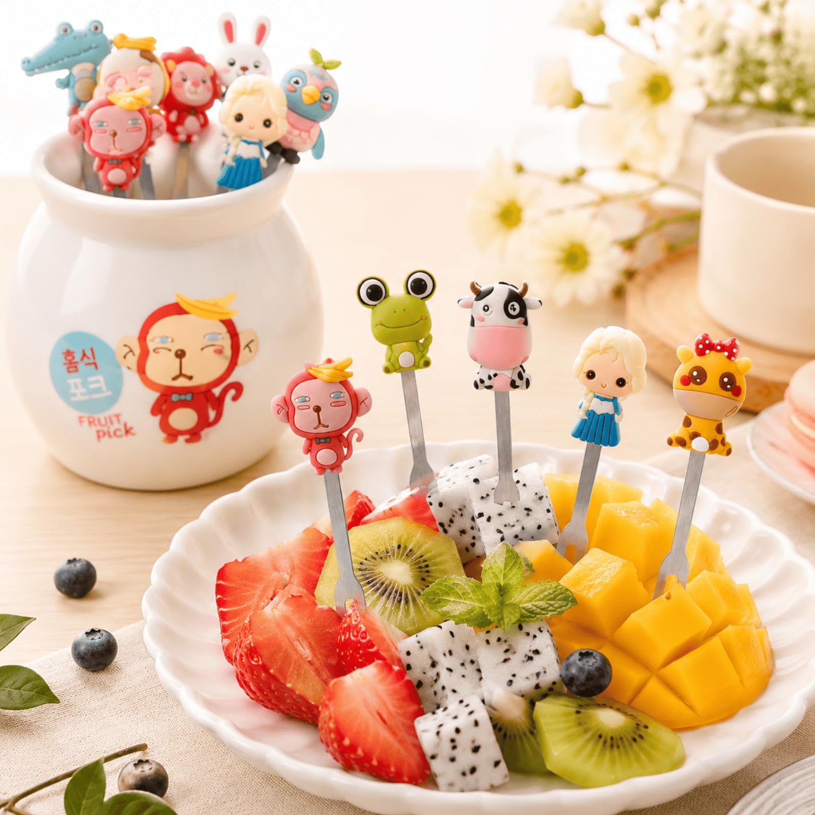 Mini Cartoon Forchette da Frutta in Acciaio Inossidabile, Stuzzicadenti Riutilizzabili con Manici in Silicone e Barattoli di Stoccaggio in Ceramica, Accessori da Tavola per Frutta e Dessert, 20 Pezzi