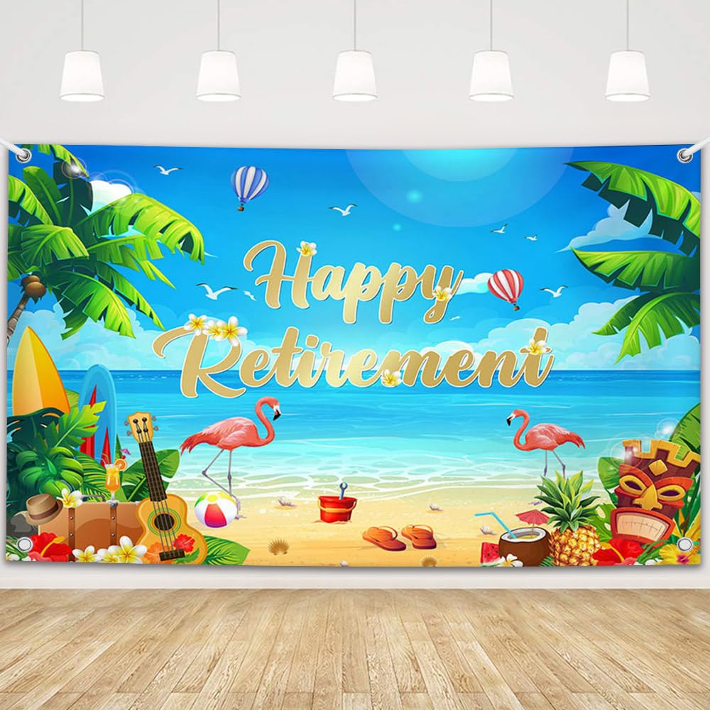 MEHOFOND Retirement Party Decorations Summer Hawaiian Beach Happy Retirement Banner Backdrop for Retired Party Supplies 6x3.6ft