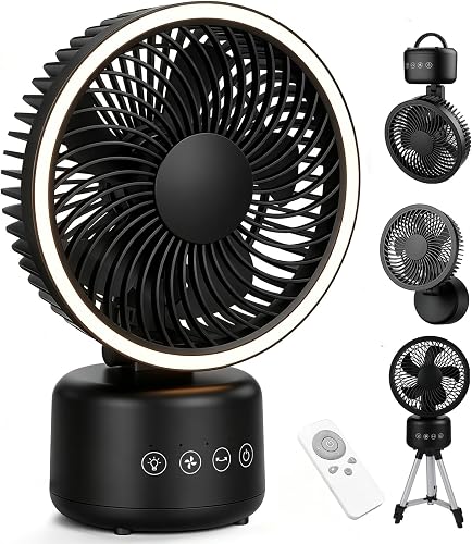 COWSAR 4-in-1 Camping Fan Rechargeable, Portable Battery Powered Fan with Light & Remote, 4-Speed, 330° Oscillation, Type-C, Table/Wall/Hang/Tripod for Indoor, Outdoor, Tent, Travel, Fishing, Black