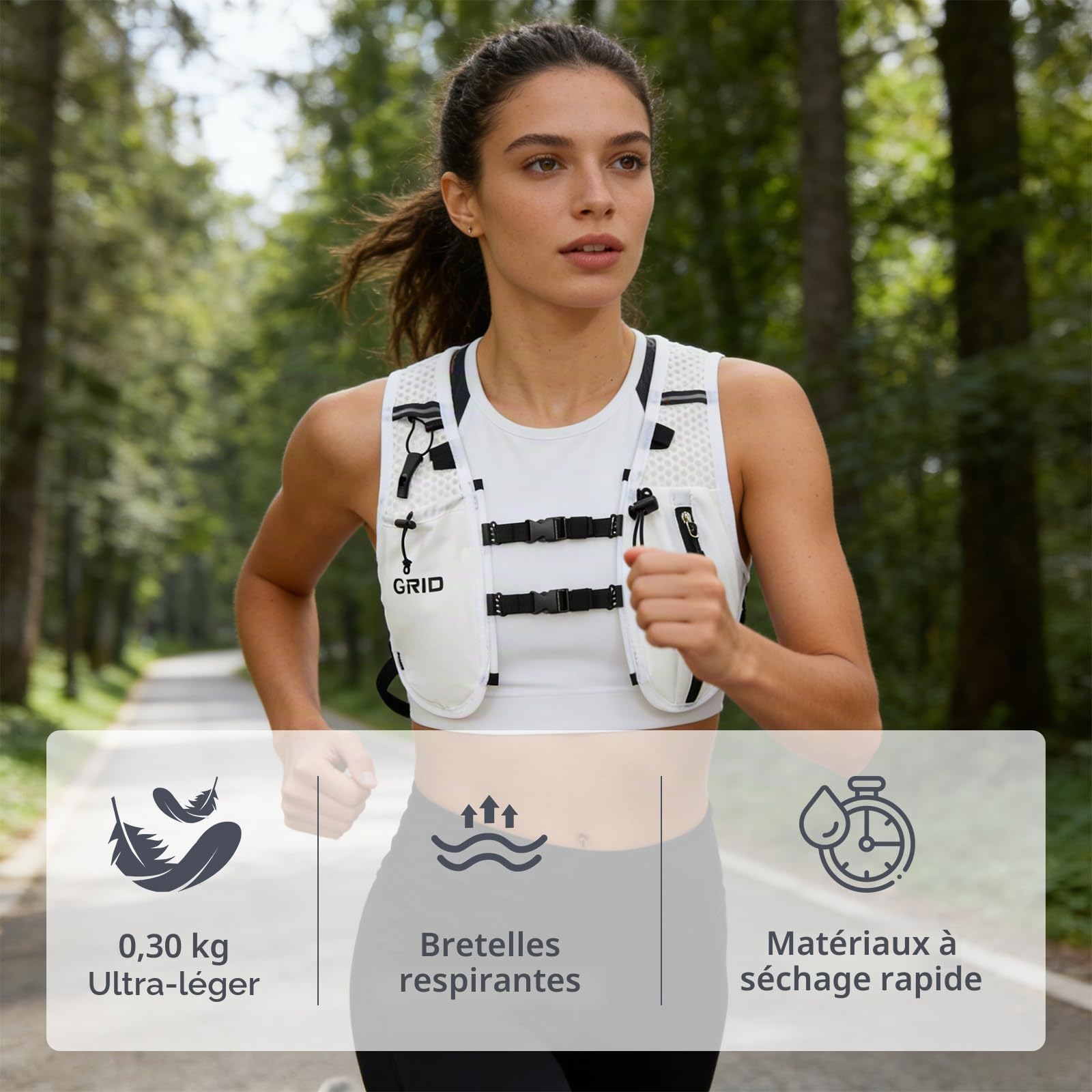Gilet de course pour homme et femme, sangles de poitrine réglables, gilet d'hydratation avec poche d'eau de 1,5 L, léger, respirant, réfléchissant, pour marathon, sentier, randonnée, cyclisme