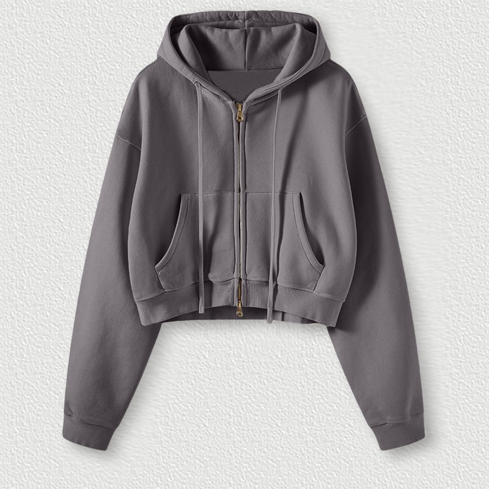 Generisch Sweat à capuche pour femme Crop Couleur unie Manches longues Pull de transition Loisirs Top Poche pratique Décontracté Couleur unie Pull à capuche Poches Haut
