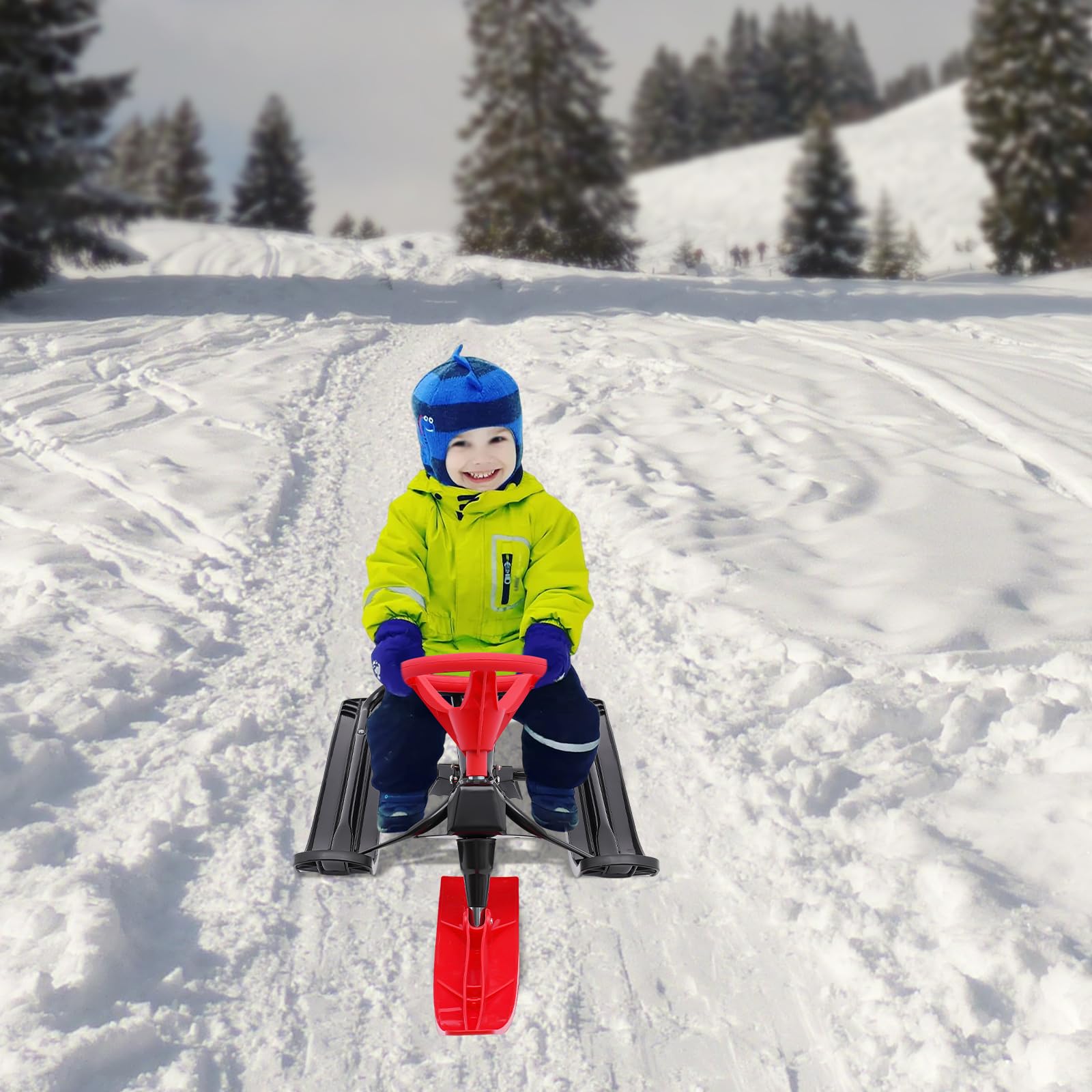 Snow Racer Sled - Trineo de nieve (114 x 50 x 38 cm, con volante y frenos dobles, superficie antideslizante, robusta, para niños y adultos, 100 kg)