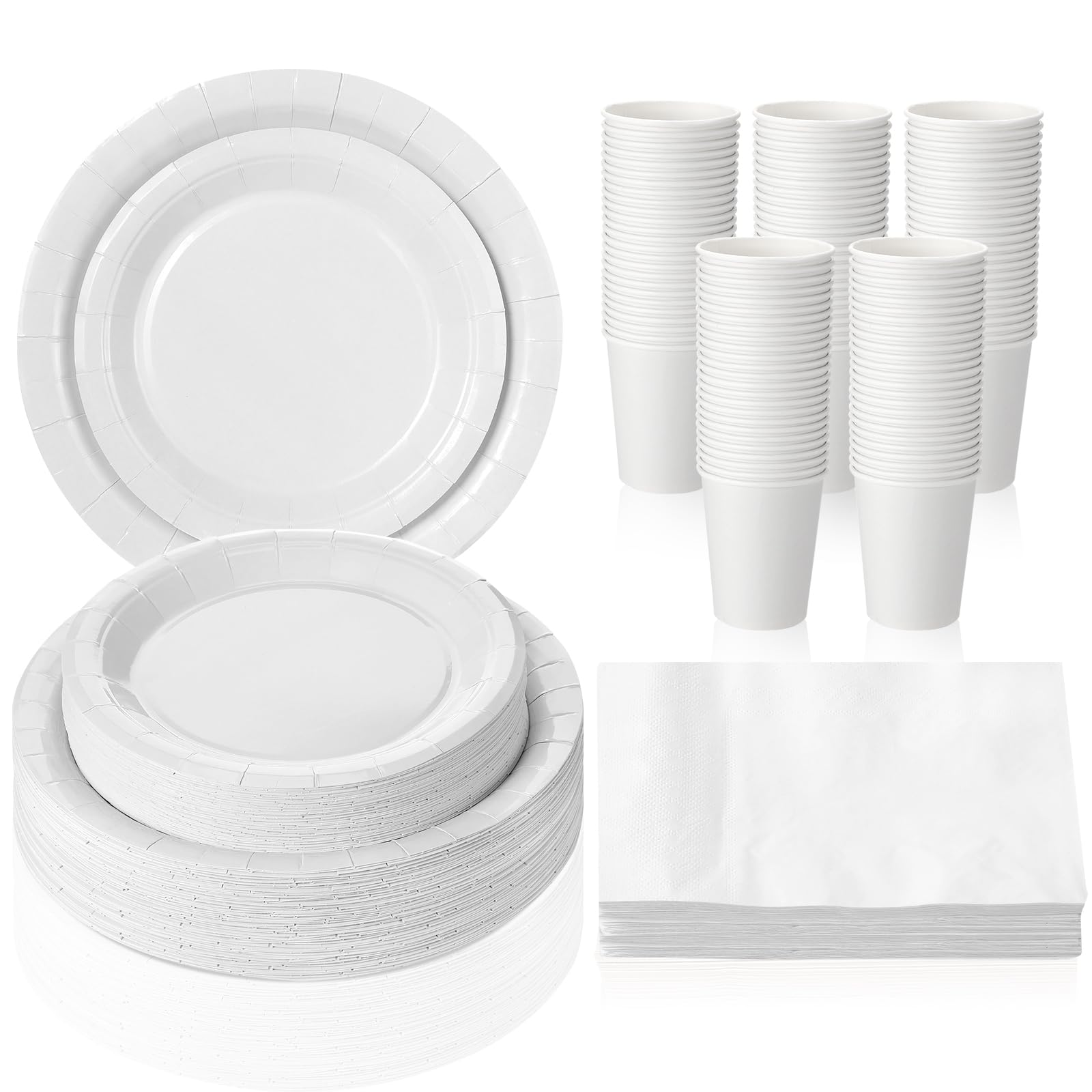 Tioncy Lot de 200 assiettes jetables en carton et serviettes de table pour 50 invités - Pour anniversaire, mariage, fête prénatale, pique-nique en famille - Blanc sable