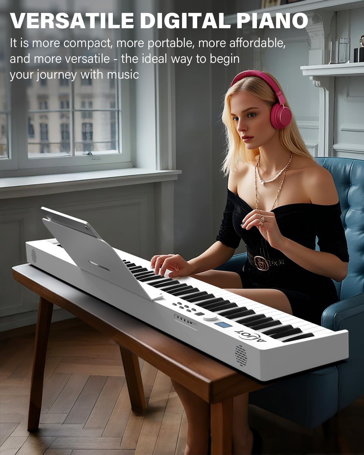 AiJoy Portable Folding Piano Keyboard with 88 Keys Full Size, Semi-Weighted Keyboard Electronic Piano for Beginners Gifts With Music Stand and Sustain Pedal (White)