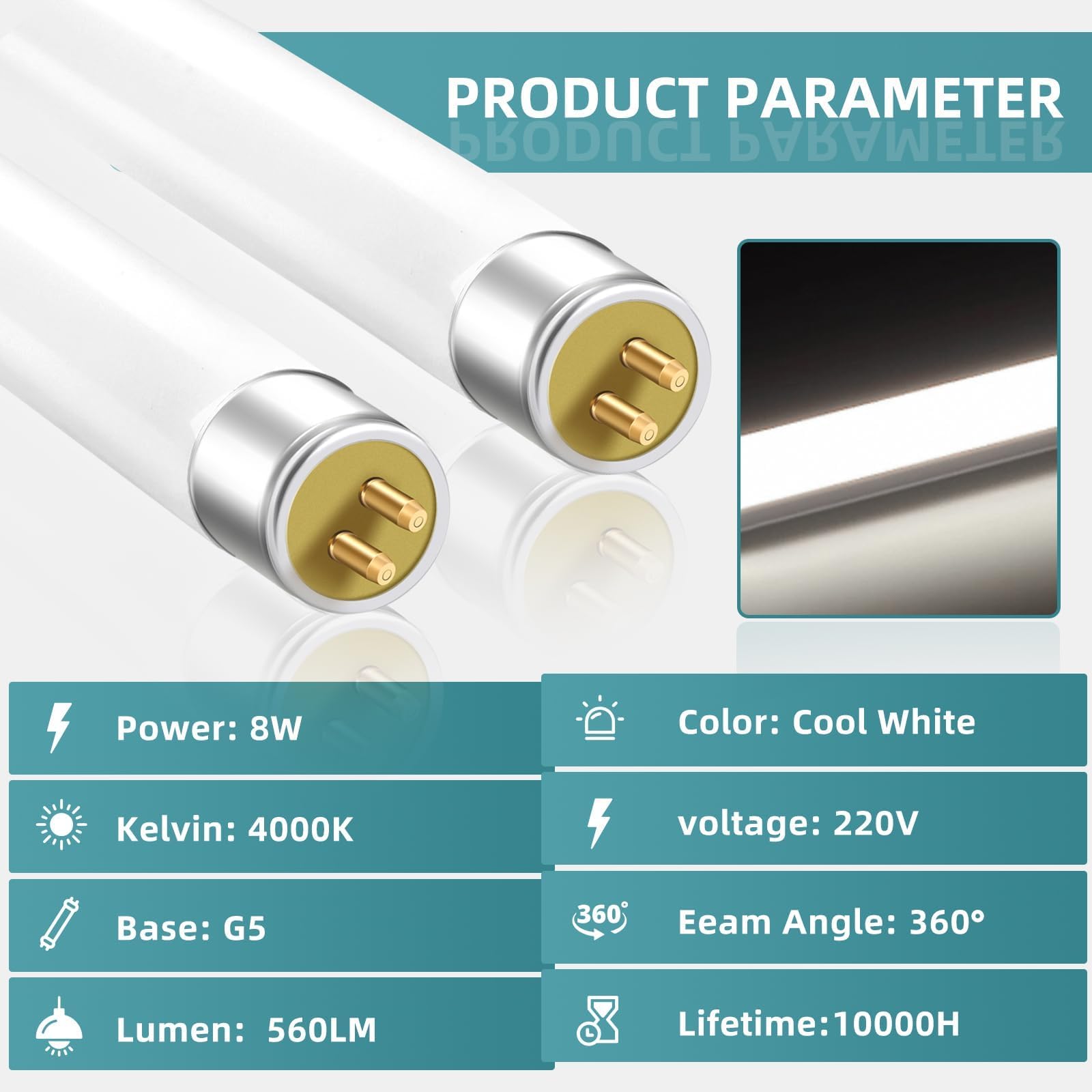 2 Pack Tubes Fluorescents 8W, 300mm,T5 Blanc Froid 4000K, 560LM, Base G5, Faible Consommation D'énergie, éclairage D'urgence à économie D'énergie, Convient Pour Cuisine, Salle De Bain, Armoire, Garage