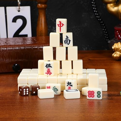 Miniatura 6 de BESTOYARD Mini juego de mahjong portátil con 146 azulejos pequeños, estuche de transporte marrón para reuniones familiares y actividades de ocio