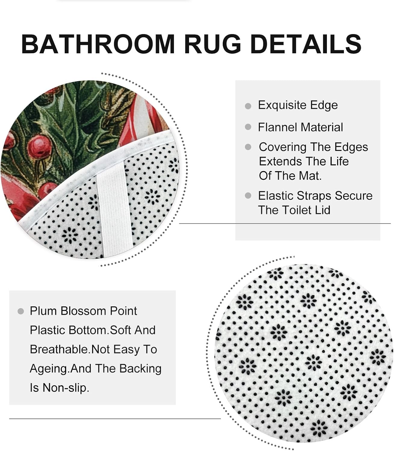 4PCS Merry Christmas Candy Canes Bathroom Sets, Bath with Non-Slip Rug, U Shape Toilet Lid Cover Mat, Watercolor Holly Xmas Bathroom Decor-72''x72''