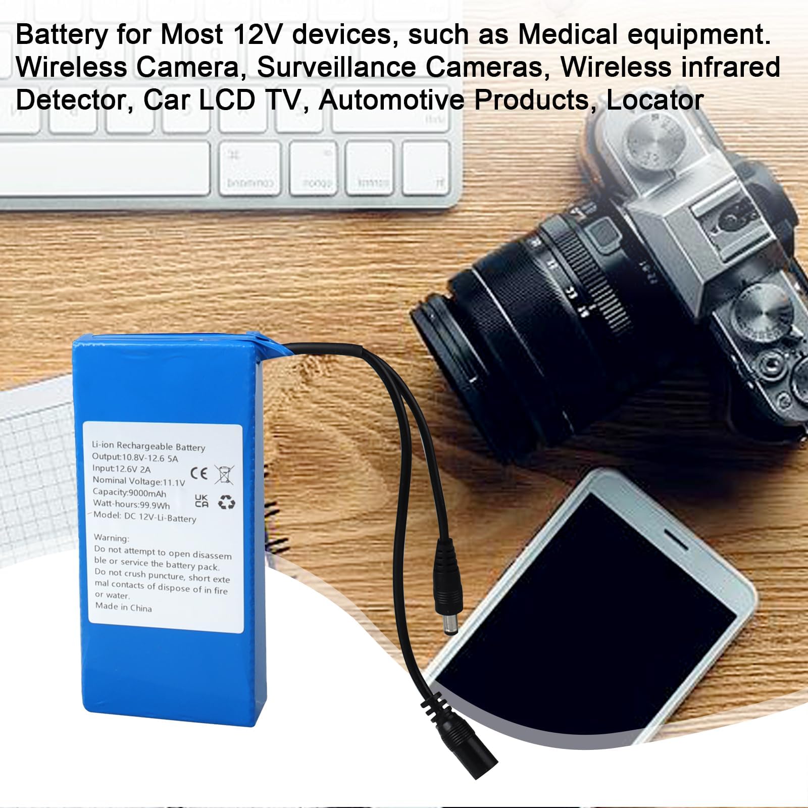 11.1V 9000mAh 99.9Wh Batteria ricaricabile agli ioni di litio compatibile con la maggior parte dei dispositivi DC12V, luci solari, luci LED, spruzzatori, altoparlanti, pianoforti elettronici