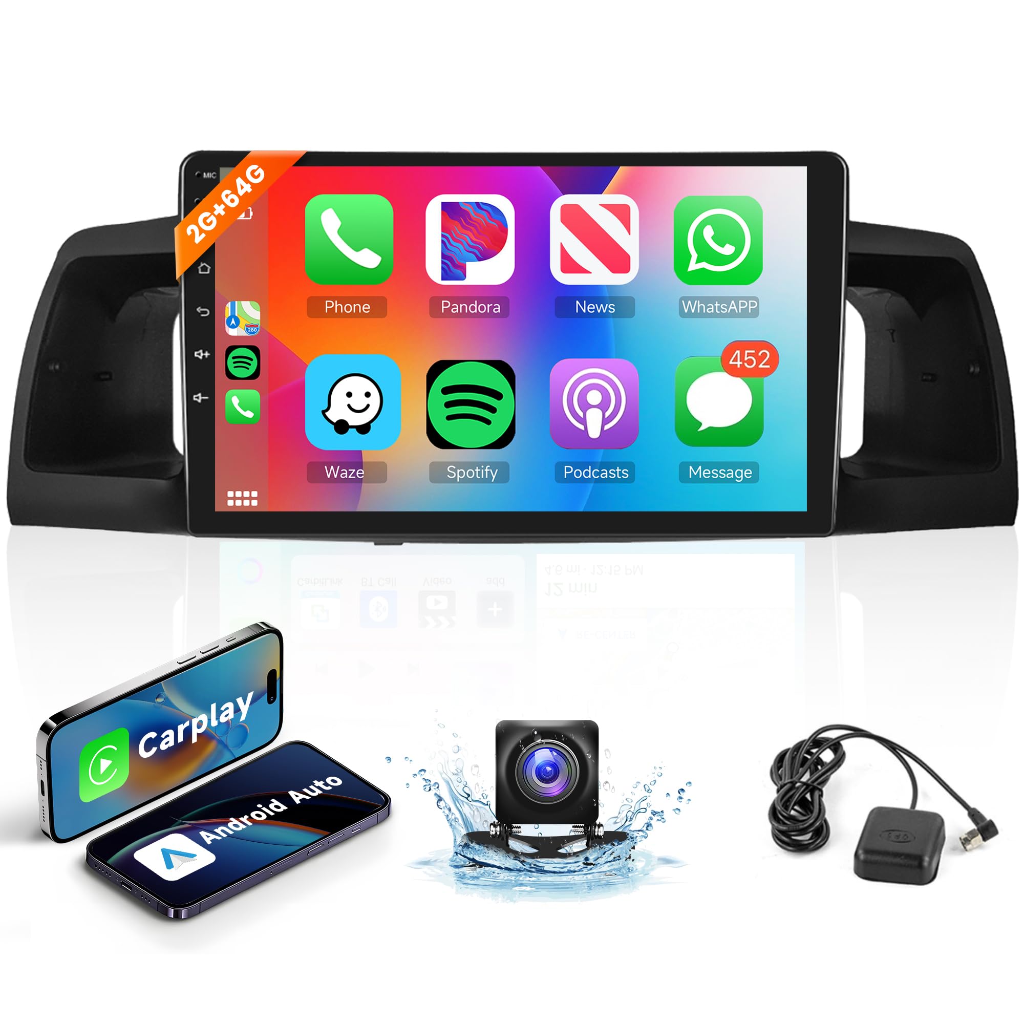 2G 64G Android Car Stereo for Toyota Corolla ex 2007-2012 Apple Carplay, Rimoody 9 Inch Touch Screen Car Radio with GPS Navigation Bluetooth FM HiFi WiFi Mirror Link Android Auto + AHD Backup Camera