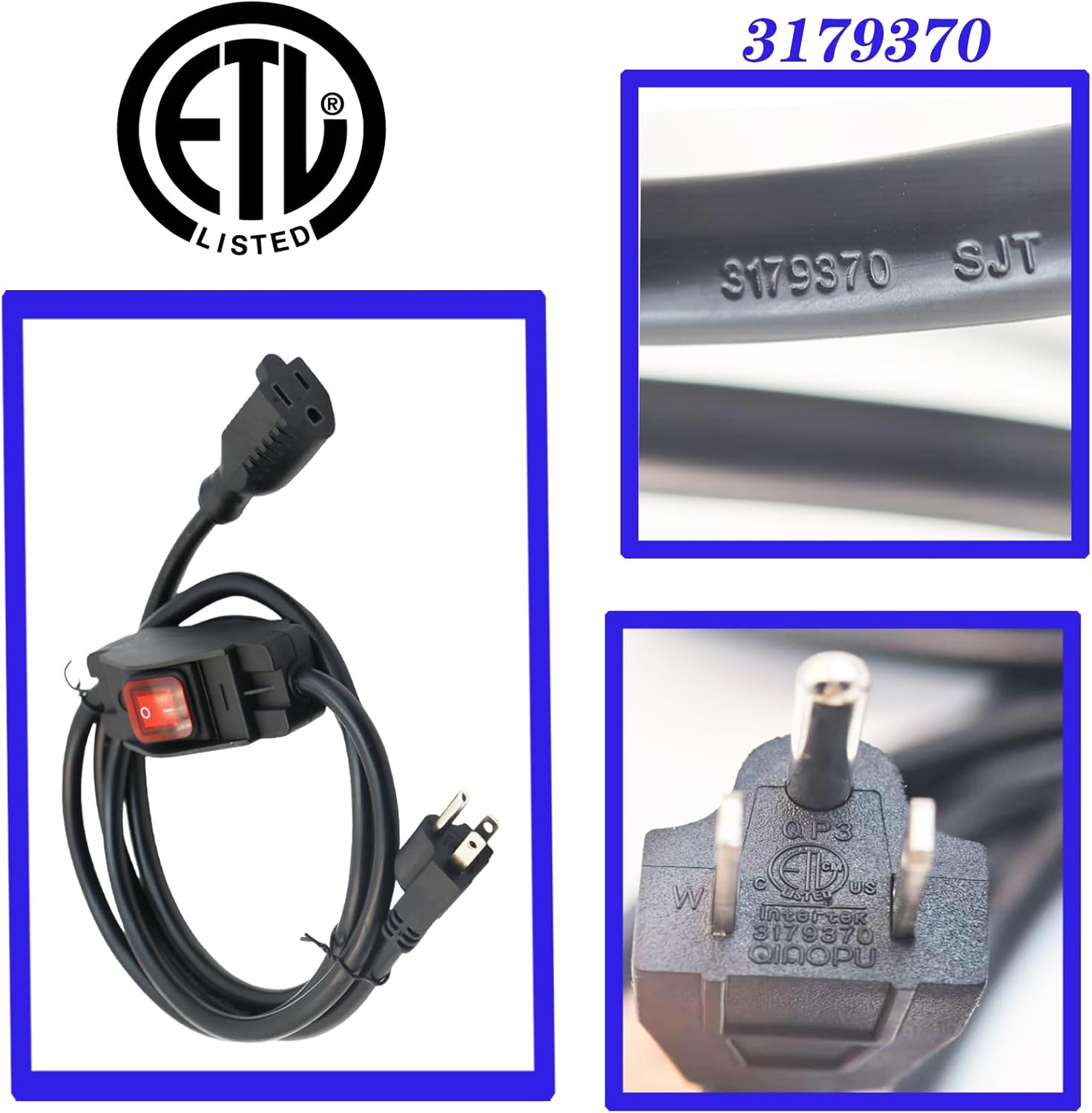 Delgada 10Ft Extension Cord with Switch ON/Off Waterproof Outdoor Power Cord with Switch 14 AWG UL Listed 15A 125V Heavy Duty 3 Prong Black Inline Cord On Off Switch (10F14TAWG)