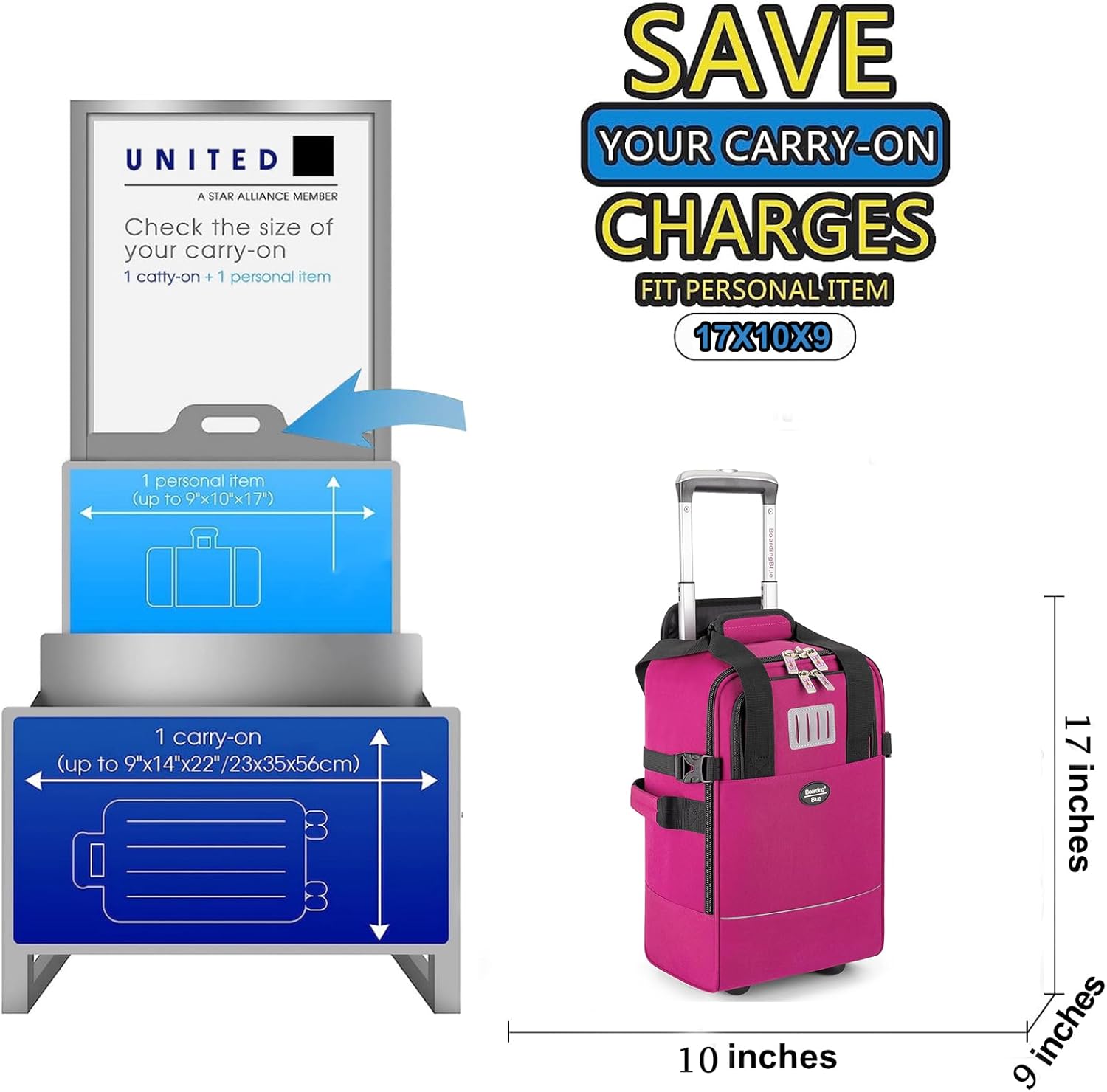 Boardingblue 17x10x9 Inches United Airlines Rolling Personal Item Under Seat Travel Bag Suitable For Major Airlines, Not Suitcase, Rolling Travel Bag Design (Purple, 17x10x9 Inches)