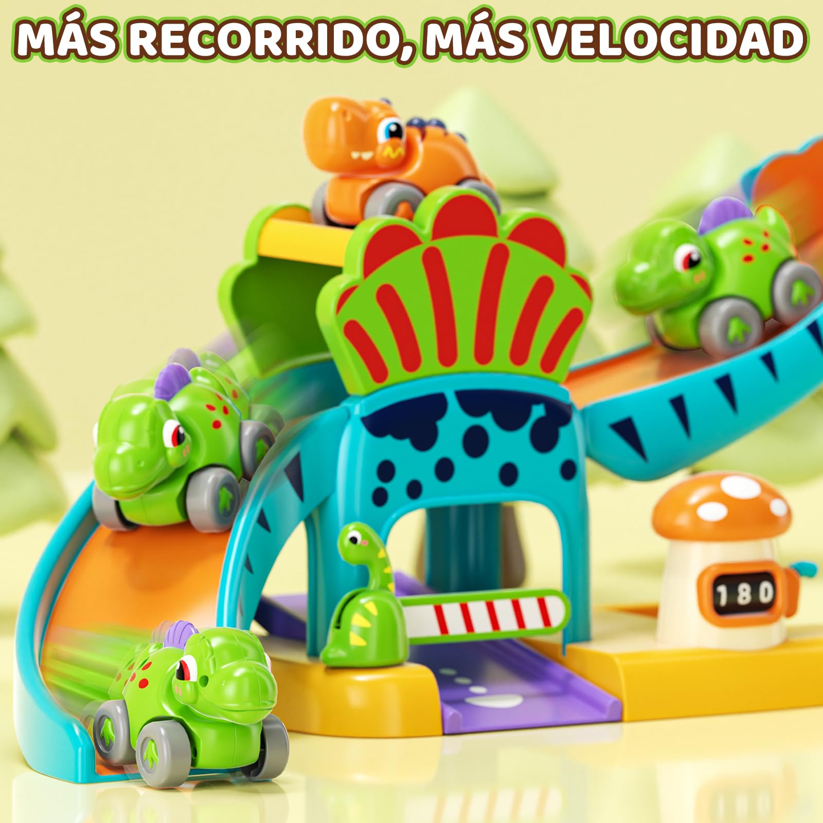Lehoo Castle Coche de Dinosaurios para Niños 1 2 3 Años, Juguete Educativo con Tobogán y Aparcamiento, Desarrollo Motricidad y Creatividad, Regalo para Niños y Niñas 1-3 Años