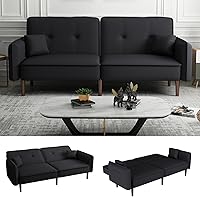 Vista 12 de HMFULE Sofá cama convertible con patas de madera maciza, tela de lino, moderno sofá futón tapizado ajustable para espacio de vida compacto, azul