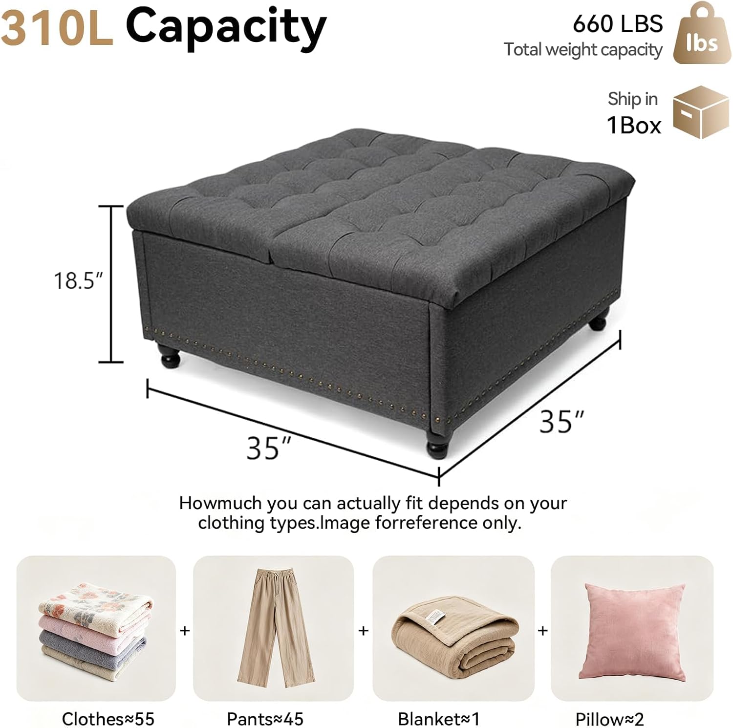 Storage Ottoman for Living Room: Modern Grey Lift Top Coffee Table for Kids & Pets - 350L Holds 8 Blankets - 500 lbs Sturdy & Easy to Clean Footrest - Numbered Parts for Quick Setup