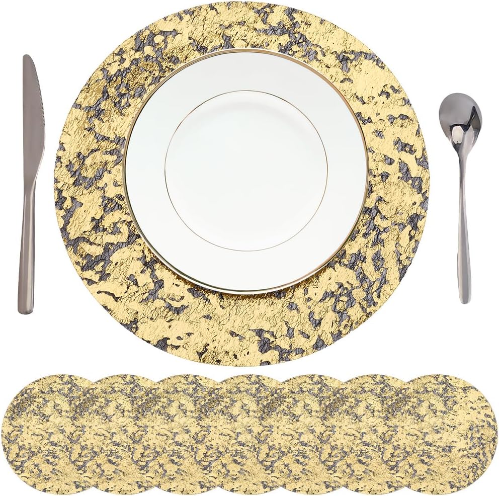 GORGECRAFT 16Pcs Black-Gold Foil Placemats Round Mesh Pressed Placemat 33cm Glitter Table Mats Luxury Dining Table Decor Decoration Centerpieces for Party Birthday Wedding Christmas New Years Festive