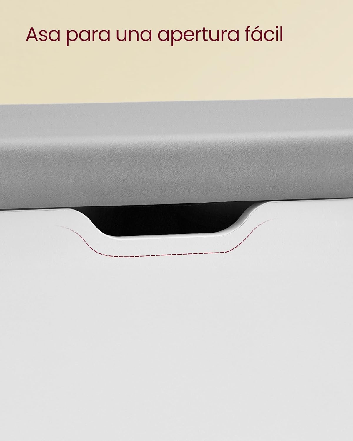 Close-up of the integrated handle for opening the lid of the shoe bench