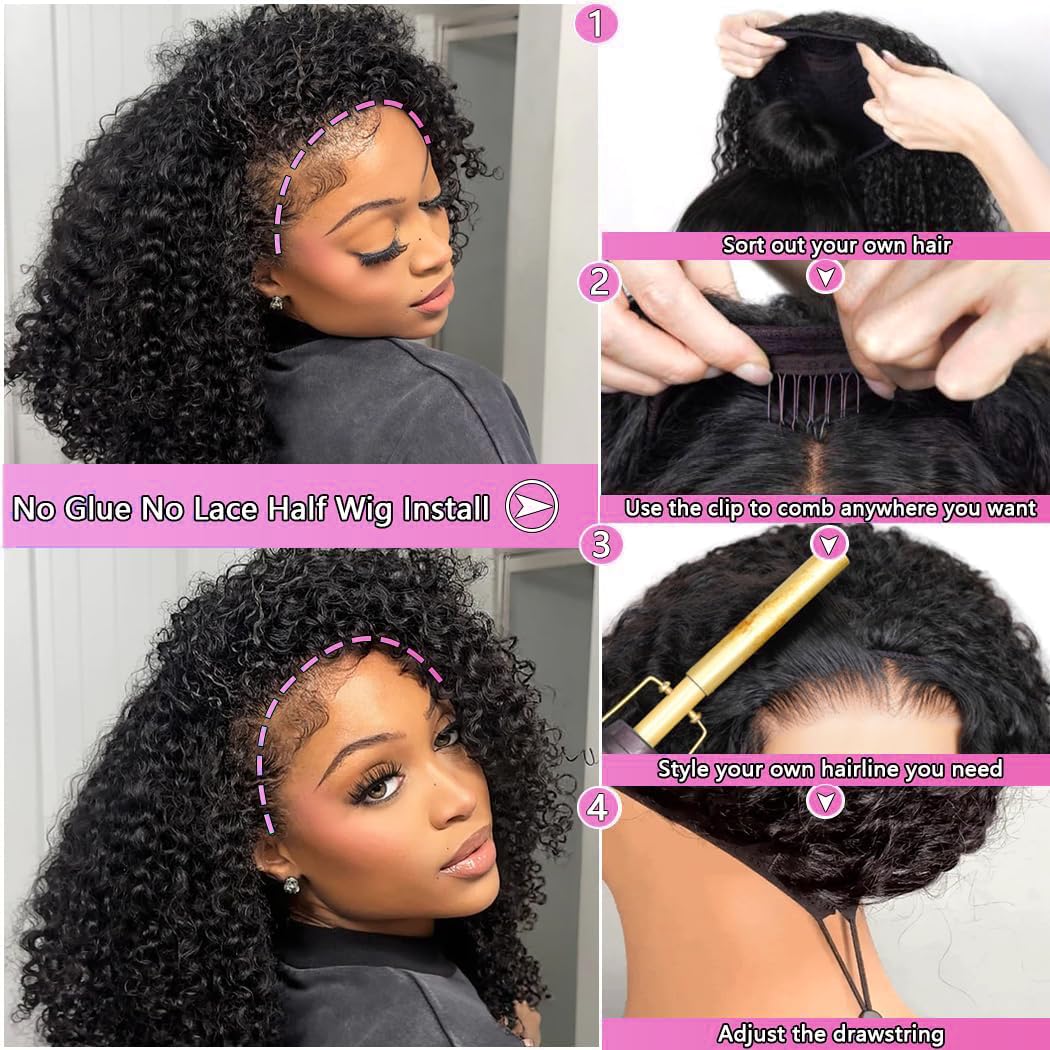 24 Inch Half Wig Human Hair Afro Kinky Curly Wigs for Black Women 200 Density Glueless Wigs 100% Human Hair Ready to Go 3 In 1 Seamless Flip Over Drawstring Headband Wig for Women Clip in No Sew In