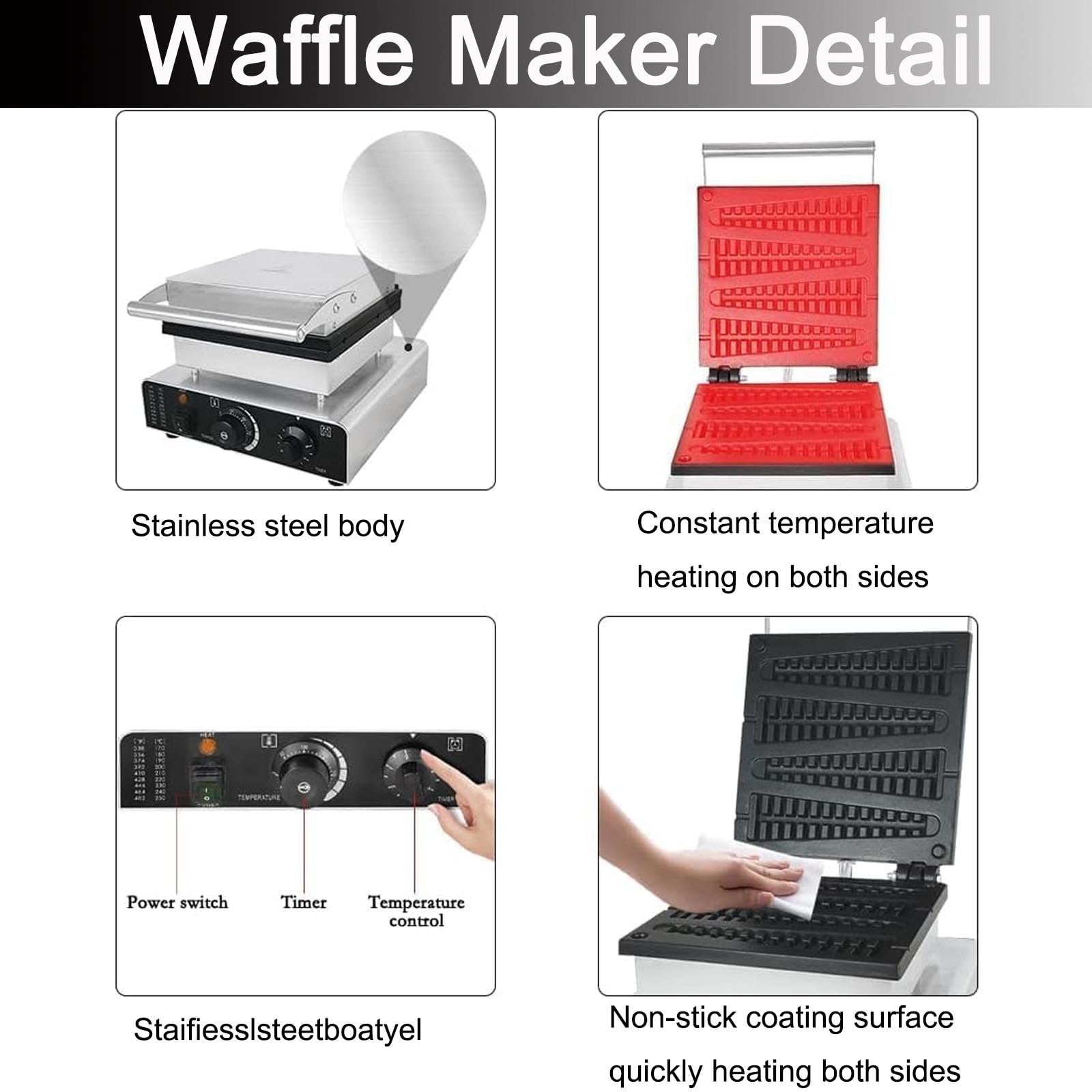 Gaufrier éLectrique 1750W, Machine à Gaufres, Moule en Fonte AntiadhéSif en Pin, Gaufrier Commercial pour BâTonnets De Sucettes, Plaques - TempéRature 50-250 ℃ / Minuterie 5 Min Black