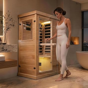 Mikolo 1 Person Far Infrared Sauna for Home | Ultra-Low EMF Indoor Dry Sauna | Solid Canadian Hemlock with 5 Carbon Heaters | Chromotherapy Light Therapy & Bluetooth for Wellness and RelaxationWood