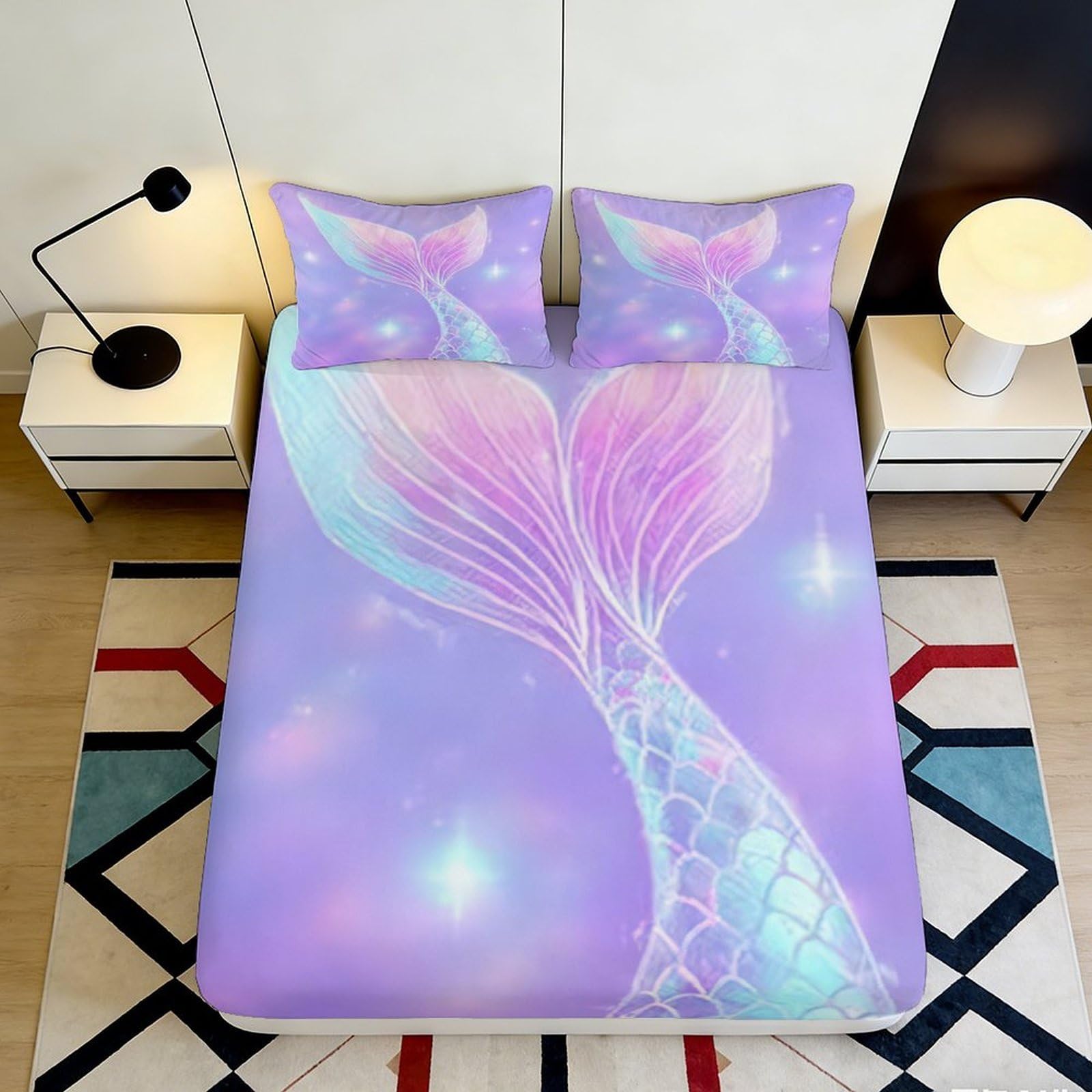 3D Printed Pastel Mermaid Tail Fitted Sheet Microfiber Soft Mattress Cover for Bedroom Dorm Mattress Protection Decor 140x200x25cm