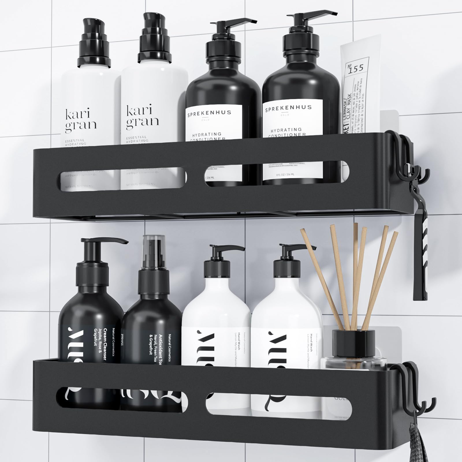 Kitsure Shower Storage - 2-Pack, No Drilling Shower Shelf with Large Capacity, Self-Adhesive Shower Caddy with 4 Removable Hooks, Black, 33.5 x 12.0 x 5.5 cm — image 1