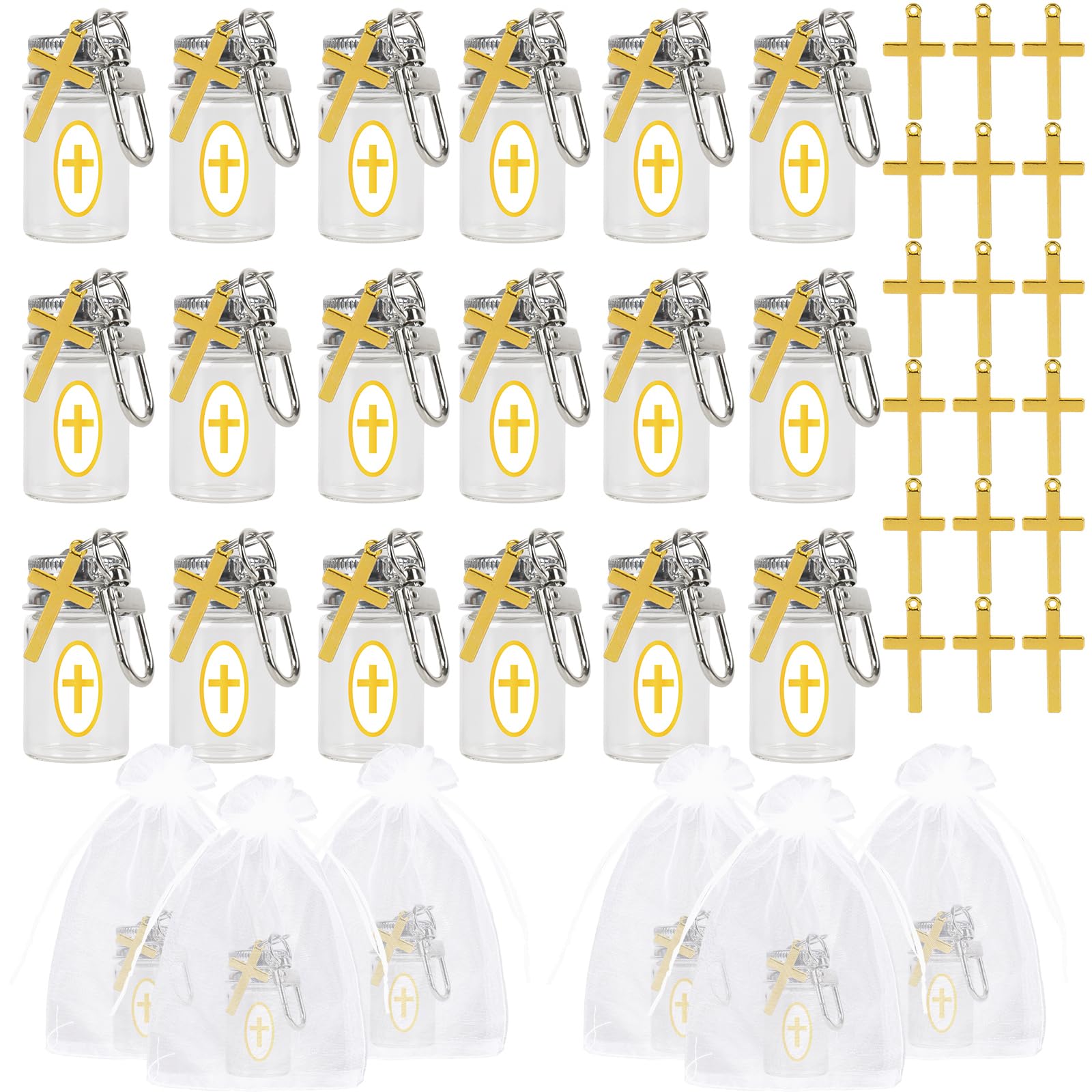 JarThenaAMCS Heilige Flasche, Taufgeschenke mit Organza-Beuteln, Goldkreuz-Aufkleber, 7 ml, leer, Glas, Heiliger Behälter, Wasserflasche für christliche Taufe, Geschenke, Kirche, Hochzeit, Taufe