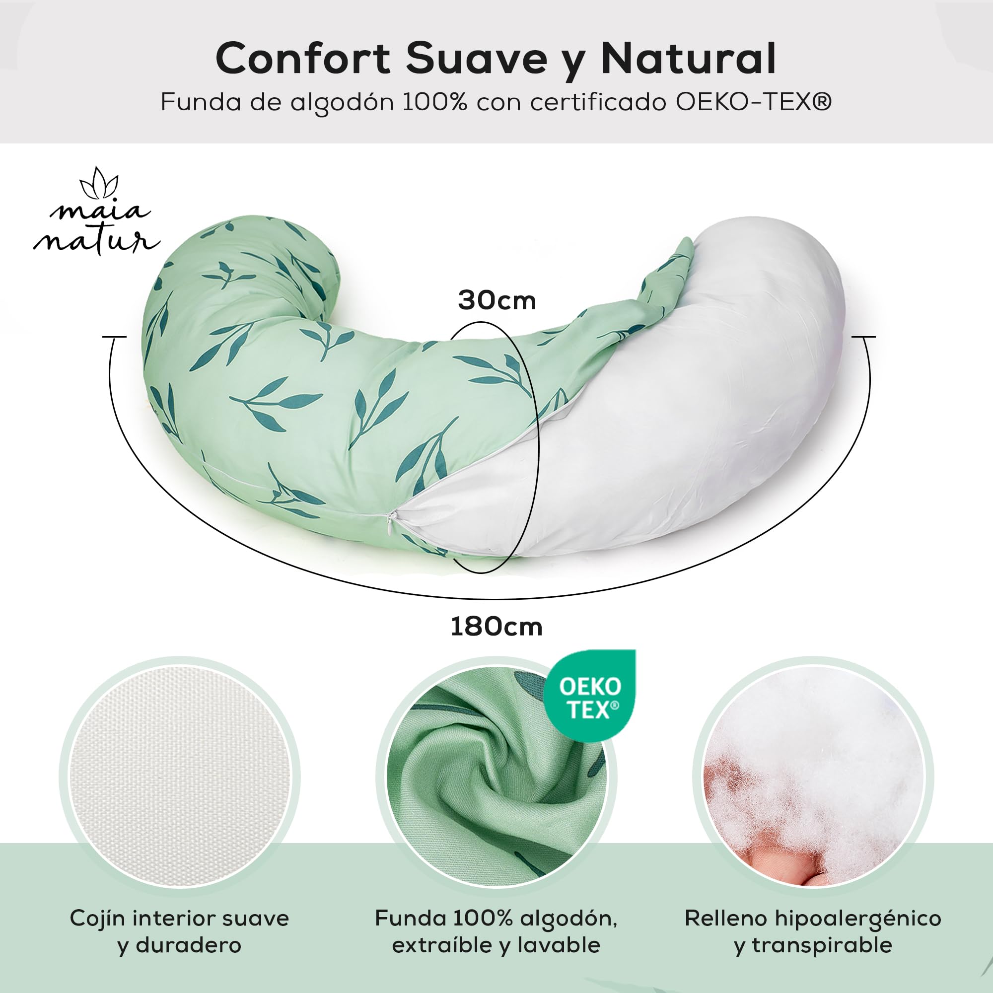 Coussin d'allaitement ferme et confortable - Haute densité et soutien stable - Oreiller enceinte 100 % coton Oeko-Tex - XXL 180 cm.
