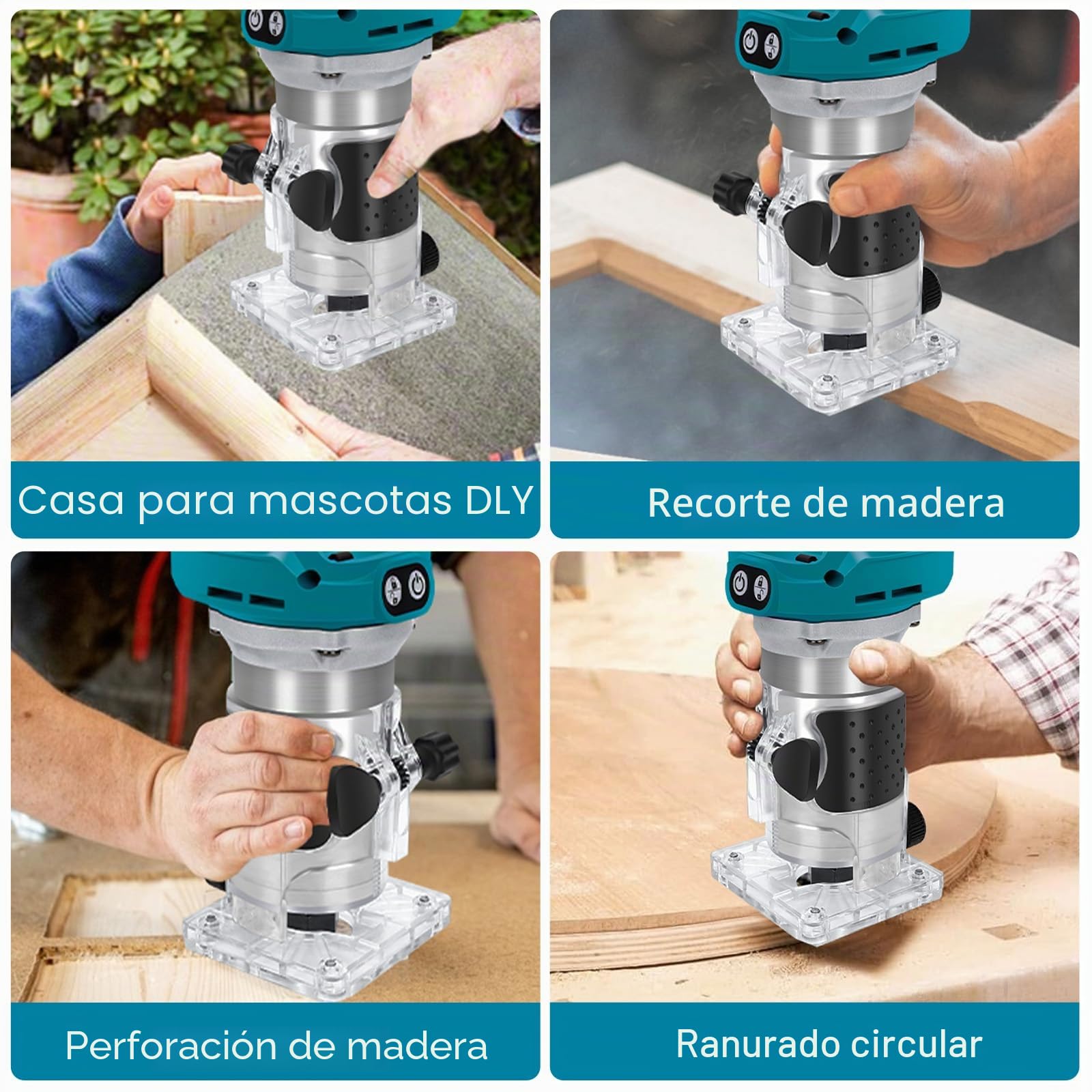 Fresadora Inalámbrica 1300W para Makita 18V (sin Batería) | Recortadora de Madera sin Escobillas, 6 Velocidades, Guía Recta, Rueda Guía, Fresa y 2 Llaves