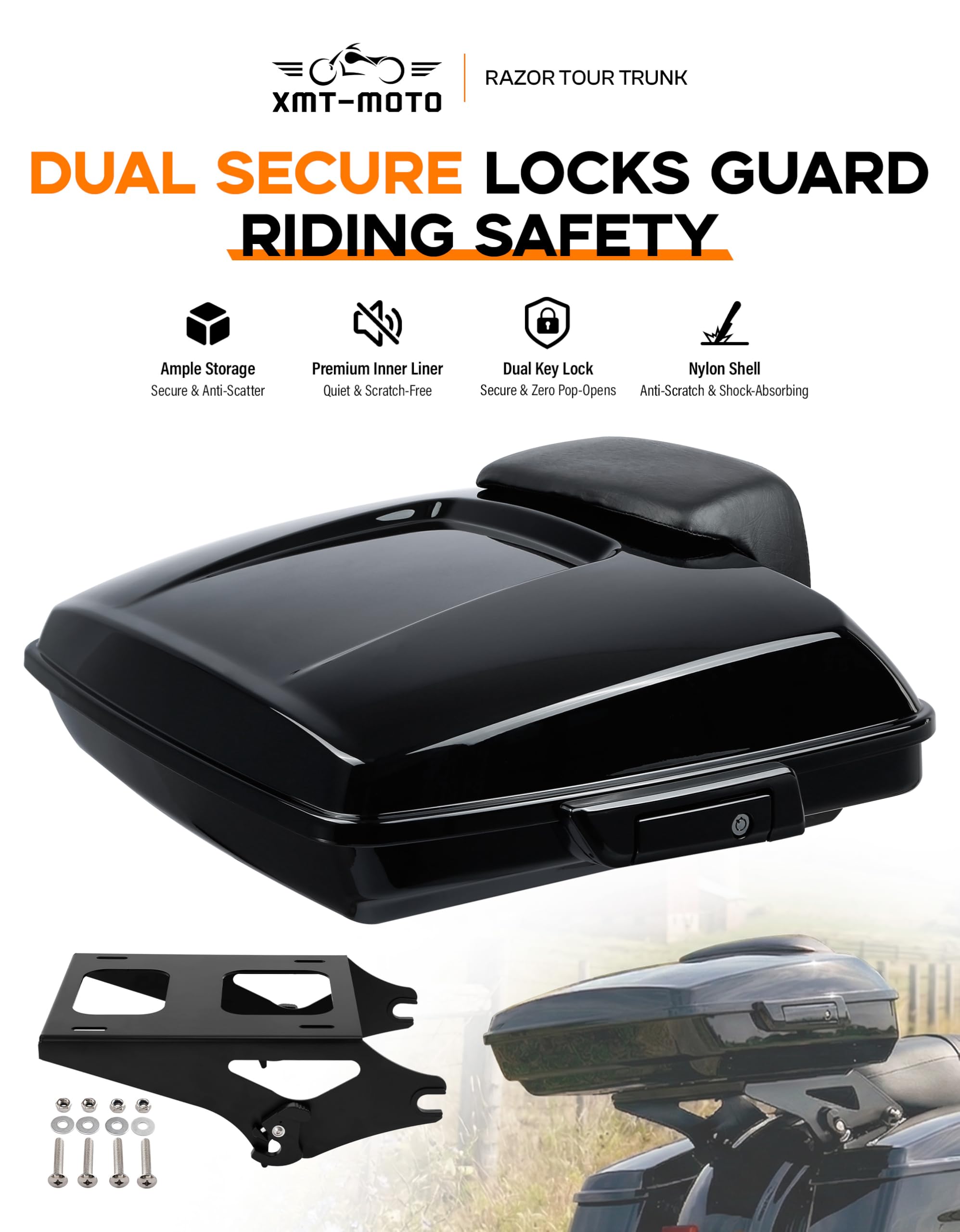 Amazon.com: XMT-MOTO Vivid Black Razor Tour Trunk+Backrest Pad+