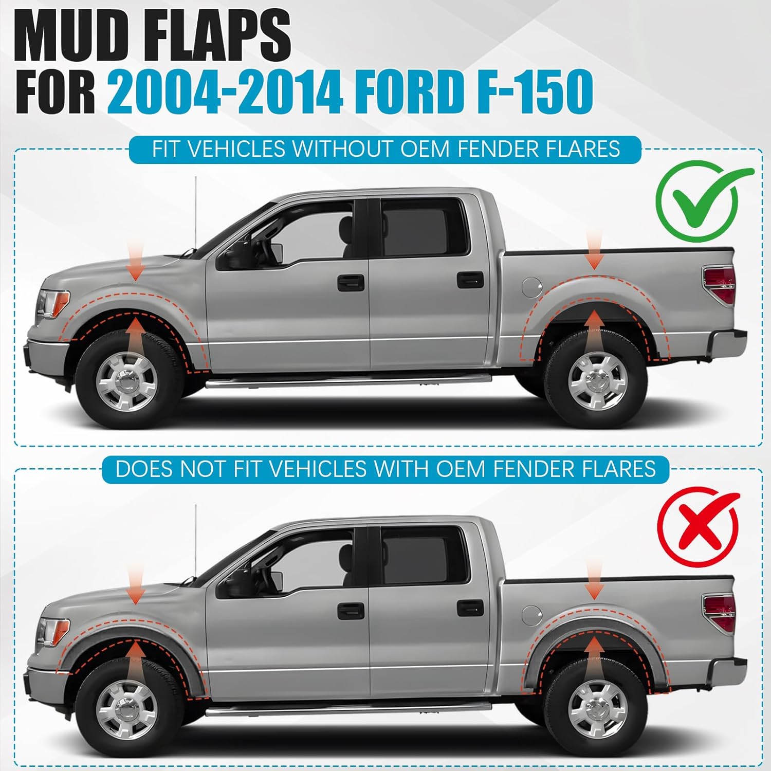 Mud Flaps for Ford F150 04-14 Without Fender Flares (Not Compatible with Ford Raptor), Wheel Splash Guards Mud Guards Exteriores Body Kit, Front & Rear 4pcs 4L3Z-16A550-CAA 4L3Z-16A550-HAA