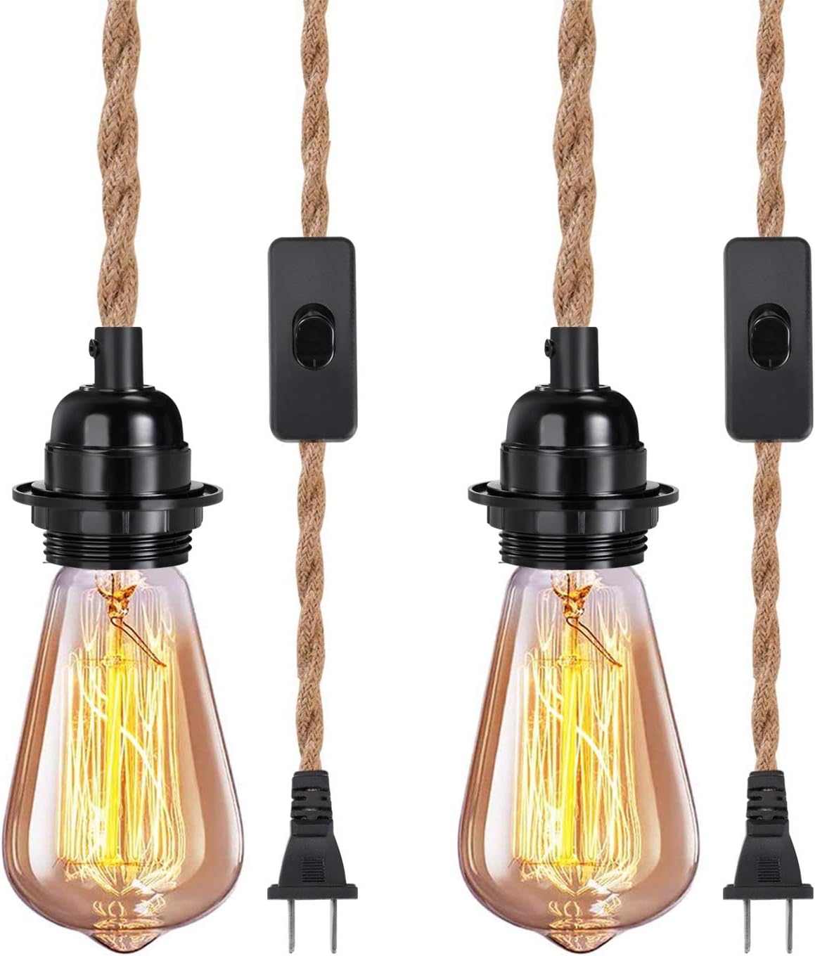 Elibbren 2 Pack Plug in Pendant Light Cord Kit with Switch, Vintage Hanging Light Cord with 13.12FT Twisted Hemp Rope Plug in Pendant Kit, Industrial Pendant Lighting DIY Lamp Fixture