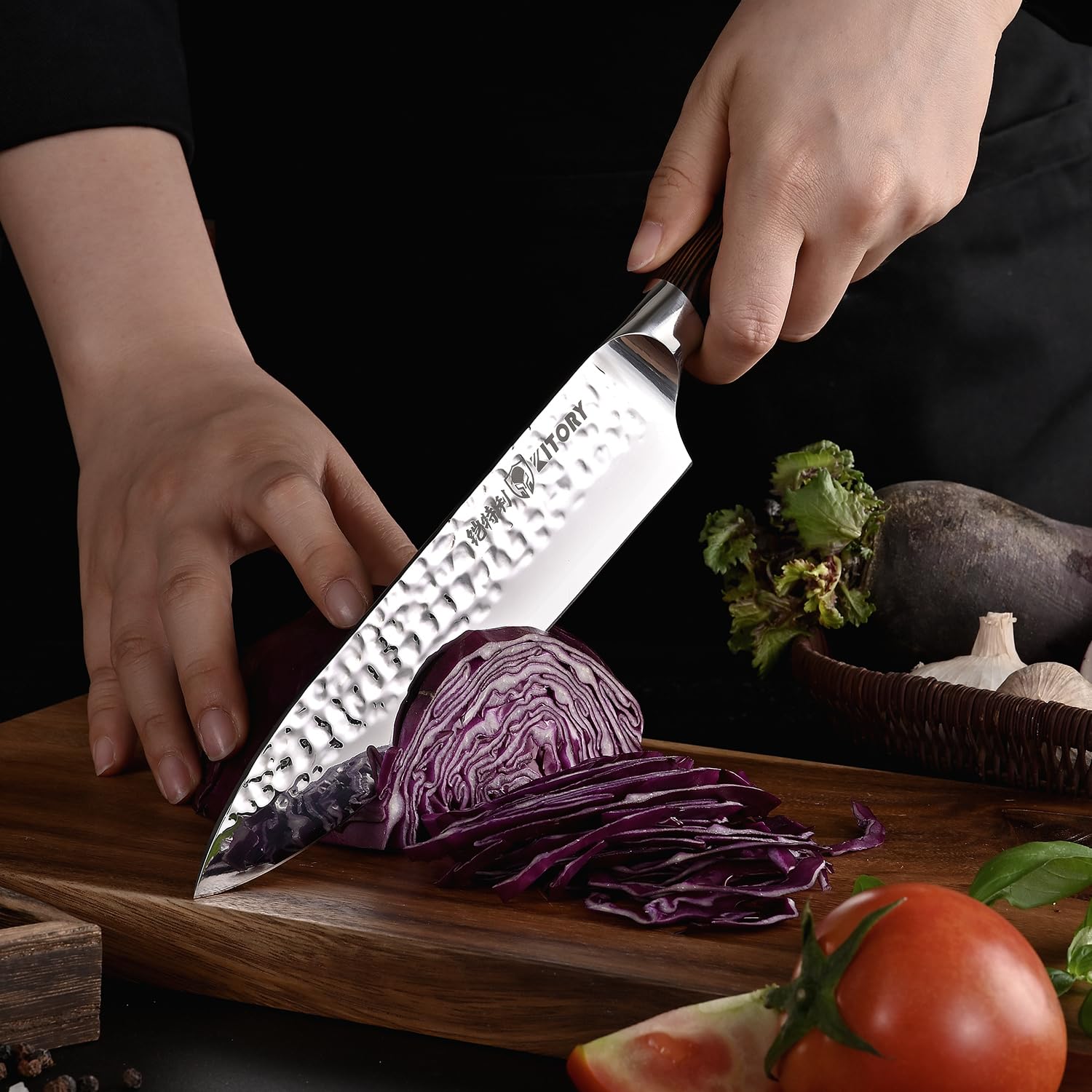 Couteau de Chef 20 cm, Couteau de Cuisine Professionnel, Lame Acier Inoxydable Haute Carbone, Poignée Bambou Ergonomique