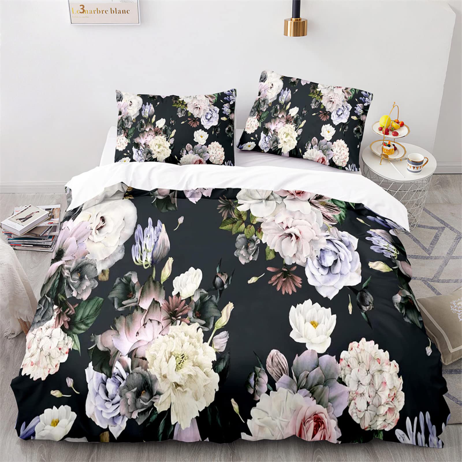 Housse de Couette 160x200 Chrysanthème Noir en Microfibres avec 2 Taies d'Oreiller