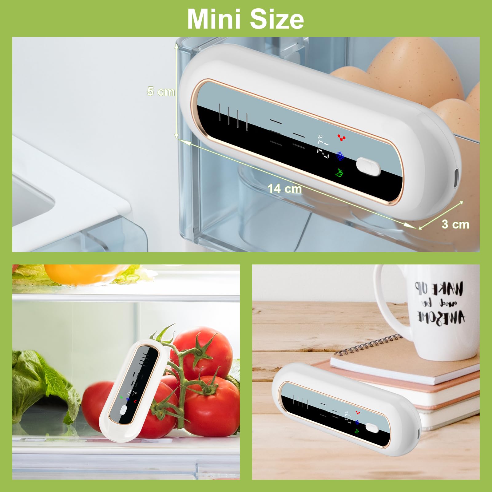 Dezodorator do lodówki z 3 trybami, monitorowanie temperatury i poziomu baterii, eliminator zapachów w lodówce z wyświetlaczem LED, ładowalny odświeżacz powietrza do szafy, zwierząt domowych