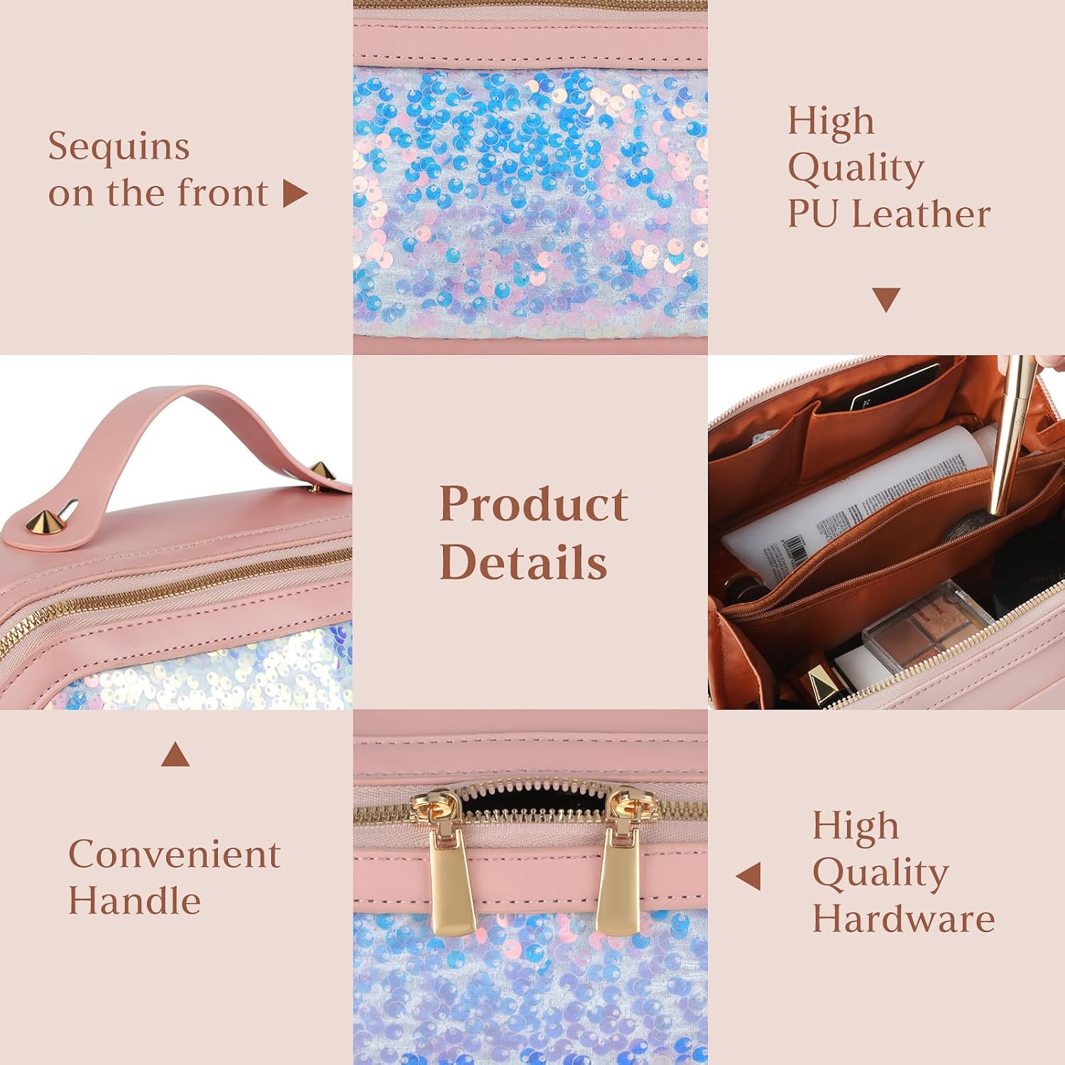 Travel Makeup Bag,Makeup Organizer Bag,Toiletry Bag,Large Capacity with Glitter Sequin Cosmetic Bag,Open Flat Toiletry Bag Make up Organizer with Divider and Handle (Pink) - Image 3