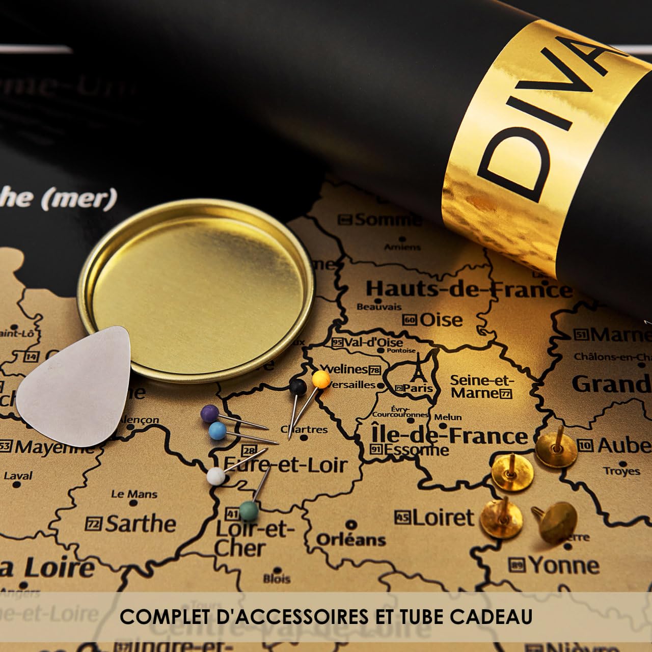 Divalis Carte à Gratter de la France avec Kit d'Accessoires - Poster à Gratter avec Départements - Carte de Voyage de la France - Scratch off Map - Scratchable Poster